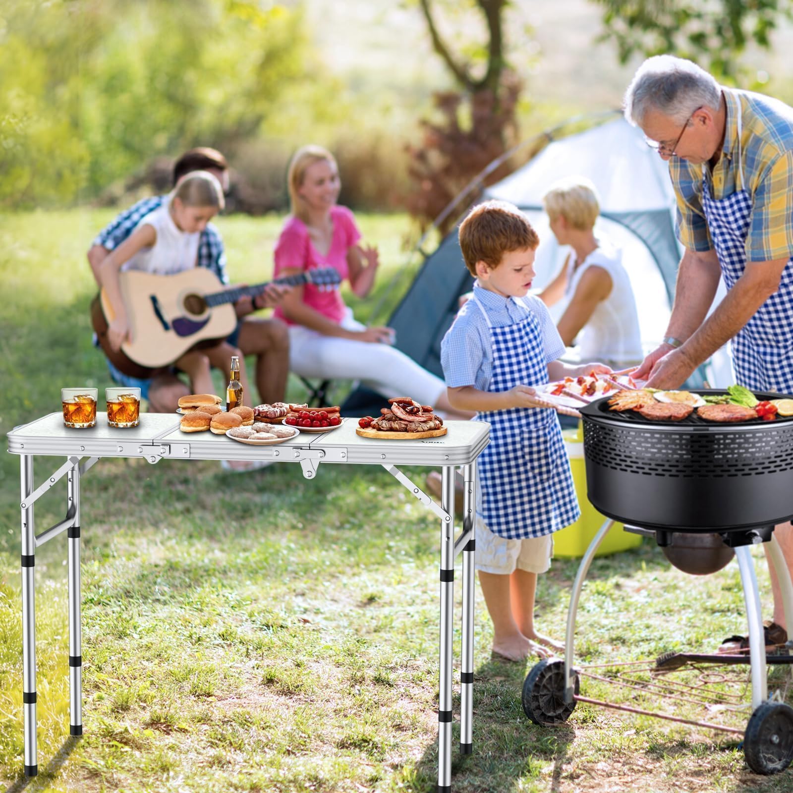 Portable 3ft Aluminum Folding Camping Table with Storage Net - 3 Adjustable Heights up to 27.1