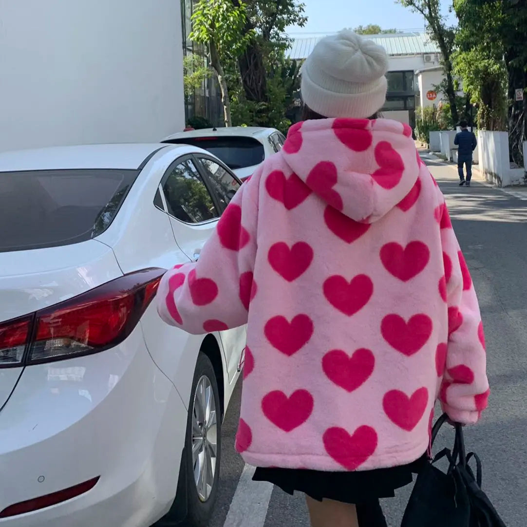 Harajuku Heart Print Plush Jacket for Women - Winter 2022 Korean Style Long Sleeve Hooded Coat, Thick Warm Couple Streetwear Outerwear - Perfect for Dating, Street Fashion & Cold Weather Outfits