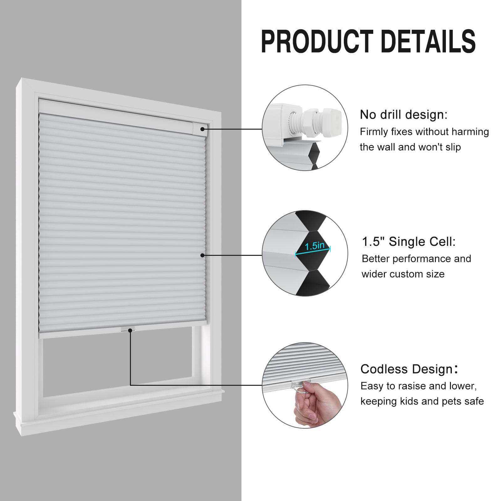 No Drill Cordless Blackout Cellular Shades - 1.5