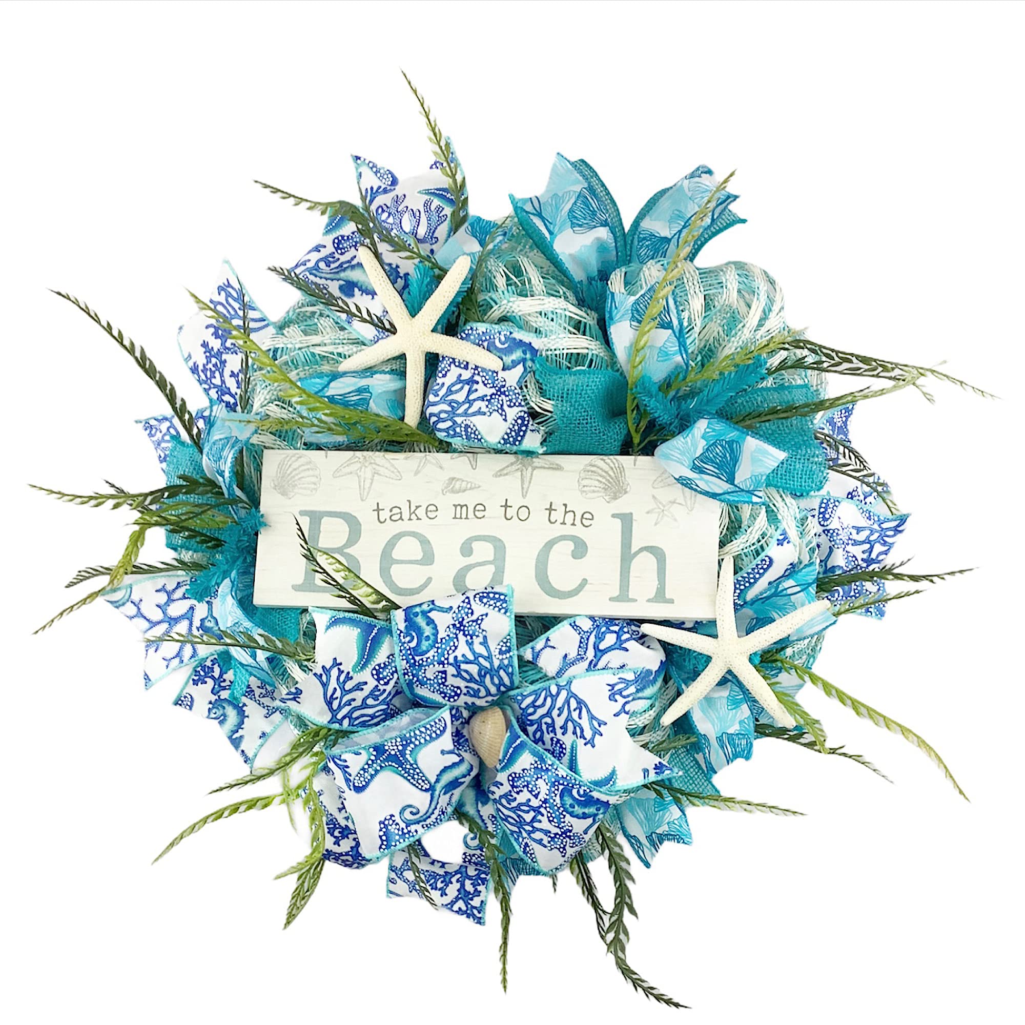 Handmade Turquoise and Cream Coastal Wreath - Premium Poly Deco Mesh Beach Decor for Front Door, Porch, or Tropical Home Decor | Perfect for Summer, Beach House, and Coastal Living