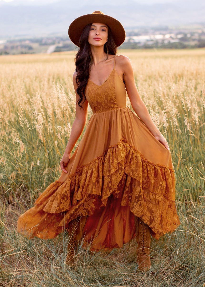Christelle Dress in Marigold - Flowy Summer Midi Dress with Puff Sleeves | Perfect for Beach Vacations, Date Nights & Casual Outings
