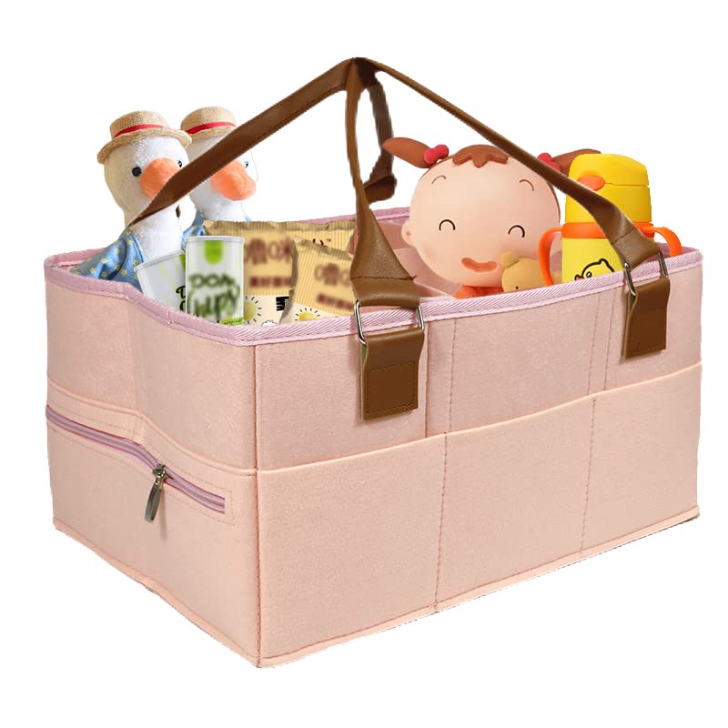 77Star Baby Nappy Caddy Organizer - Portable Felt Diaper Storage Bag for Nursery, Wipes & Baby Essentials - Perfect Newborn Shower Gift (Pink) | Ideal for Diaper Changing Stations, Nursery Organization & Baby Shower Gifts