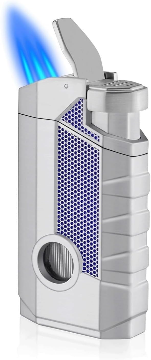 Windproof Torch Lighter with 3 Nozzles & Viewing Window - Refillable Butane Metal Lighter for Cigarettes, Cigars, Camping, Candles - Perfect for Outdoor Adventures, BBQ, Survival Kits & Men's Birthday Gifts
