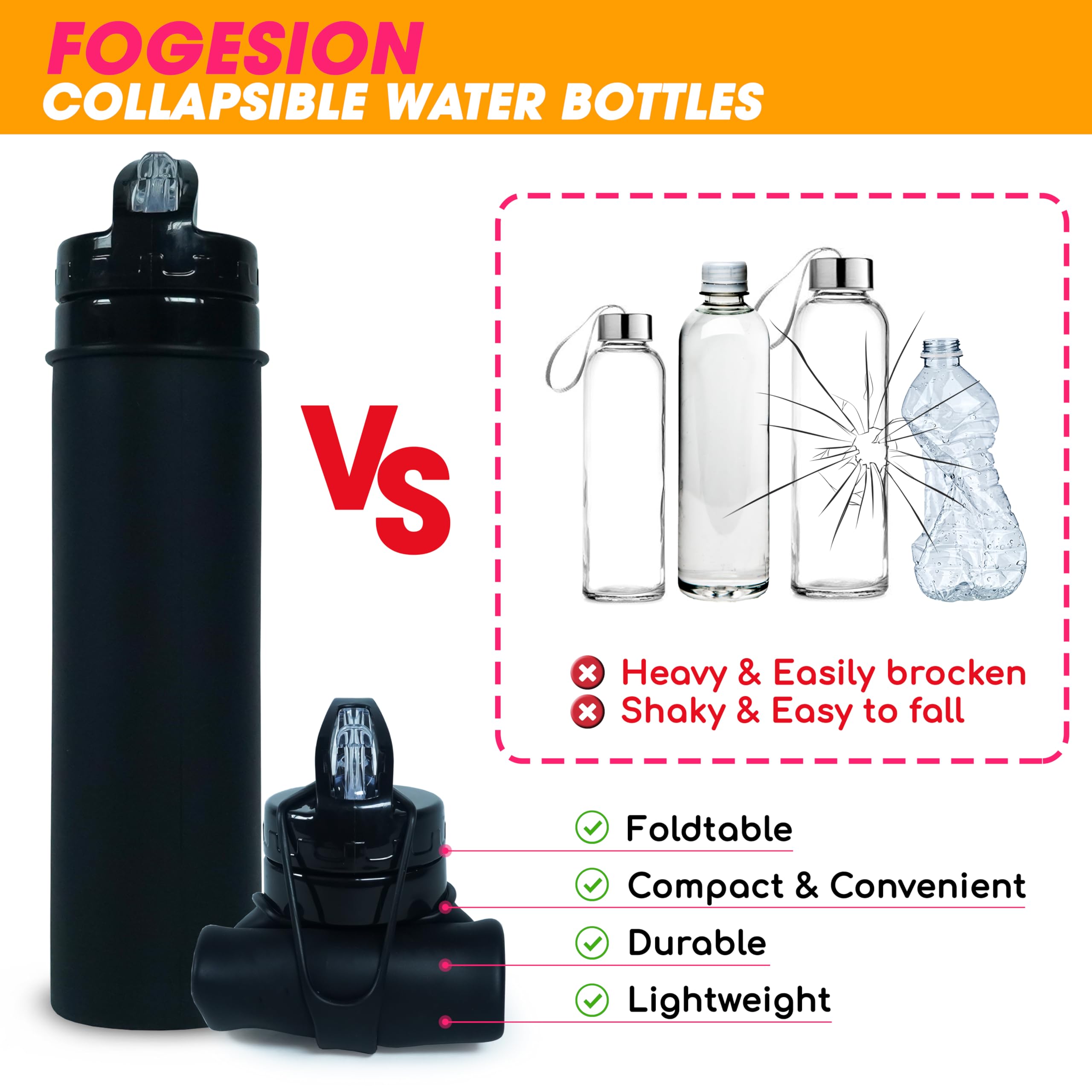 Collapsible Water Bottle 20oz - BPA Free, Leak Proof, Food Grade Silicone Reusable Water Bottle for Travel, Camping, Hiking, Gym & Outdoor Activities - Portable Foldable Jug for Sports, Work & Daily Use (Black)