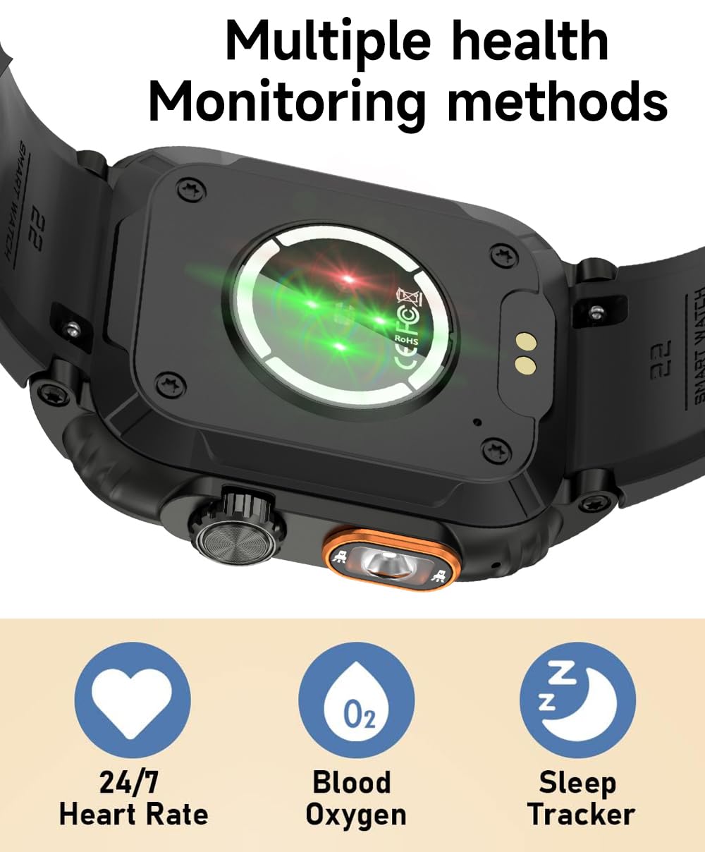 VIRAN Military Smart Watch for Men - 1.91'' AMOLED Fitness Tracker with Flashlight, Heart Rate & SpO2 Monitor, 100+ Sport Modes, Step Counter, Calorie & Distance Tracking (Black) - Perfect for Outdoor Adventures, Workouts & Daily Health Monitoring
