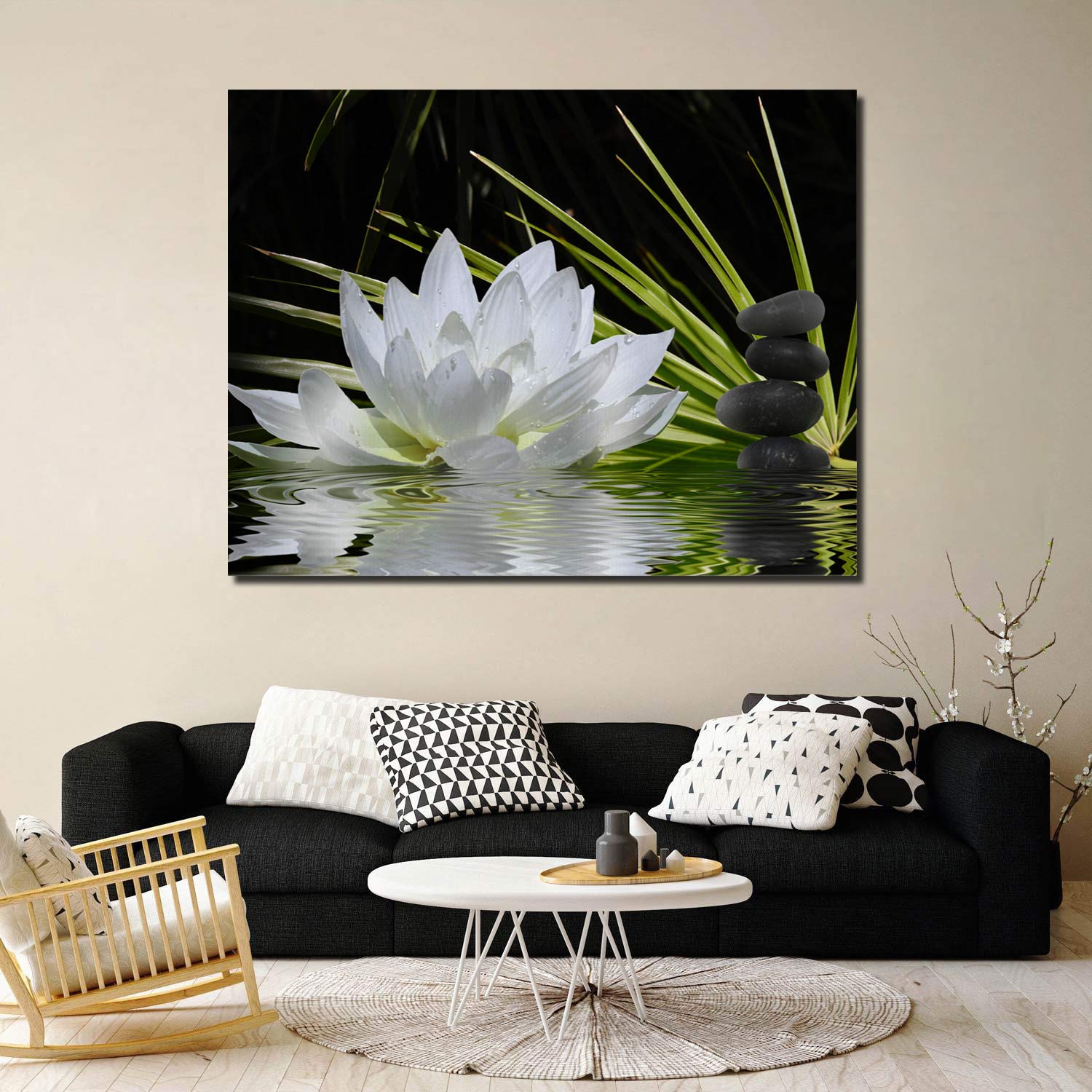 Modern White Lotus & Black Zen Stones Canvas Wall Art - 12x16 Inch Stretched Framed Ready to Hang - Giclee Print Gallery Decor for Living Room, Bedroom & Office