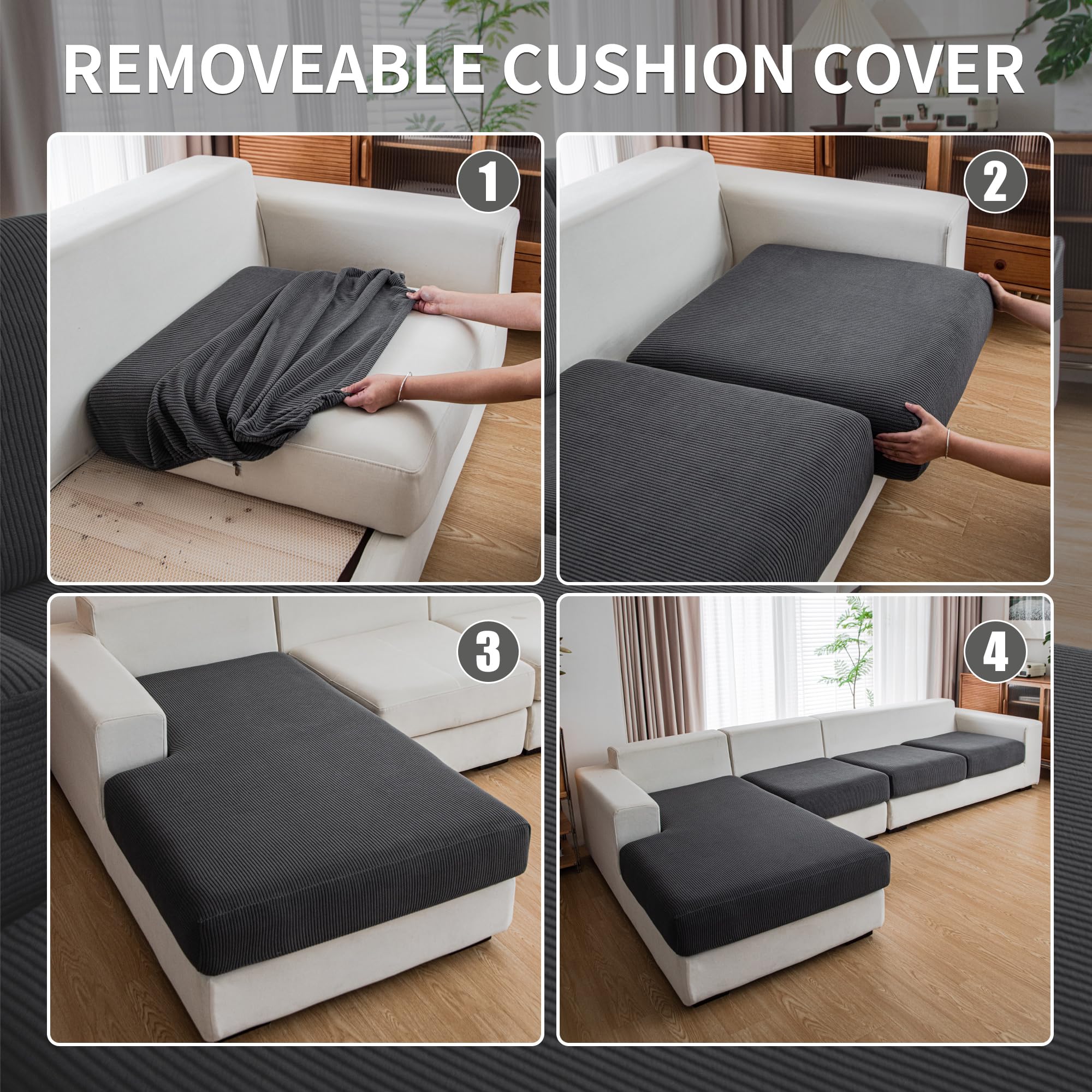 Stretchable Sofa Slipcovers for 3-Seater Couch with Chaise - Washable, Pet-Resistant Furniture Protector in Dark Gray | Perfect for Living Room, Sectional Sofa & Pet Owners