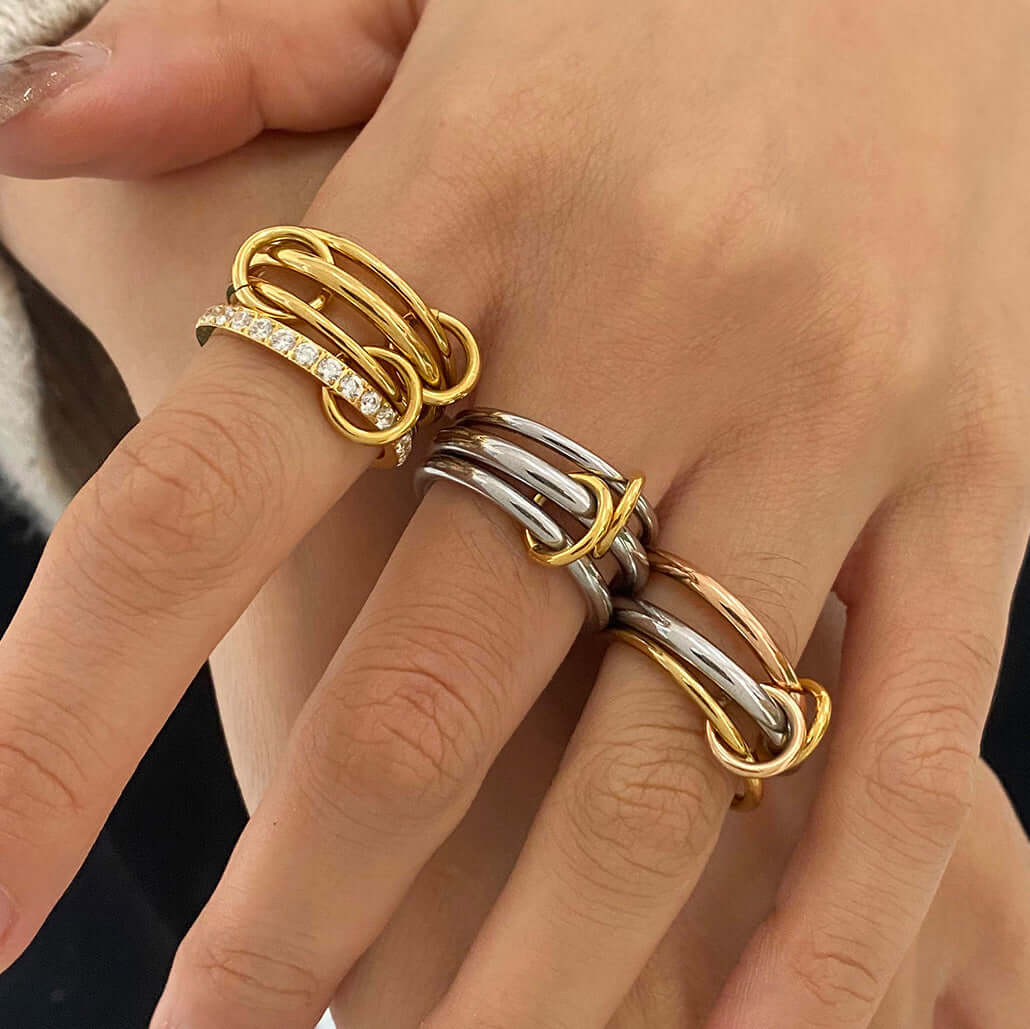 Two Tone Interlocking Layered Connected Plain Ring - Stackable Minimalist Jewelry for Women | JDR007 | Perfect for Everyday Wear, Gift Giving & Special Occasions