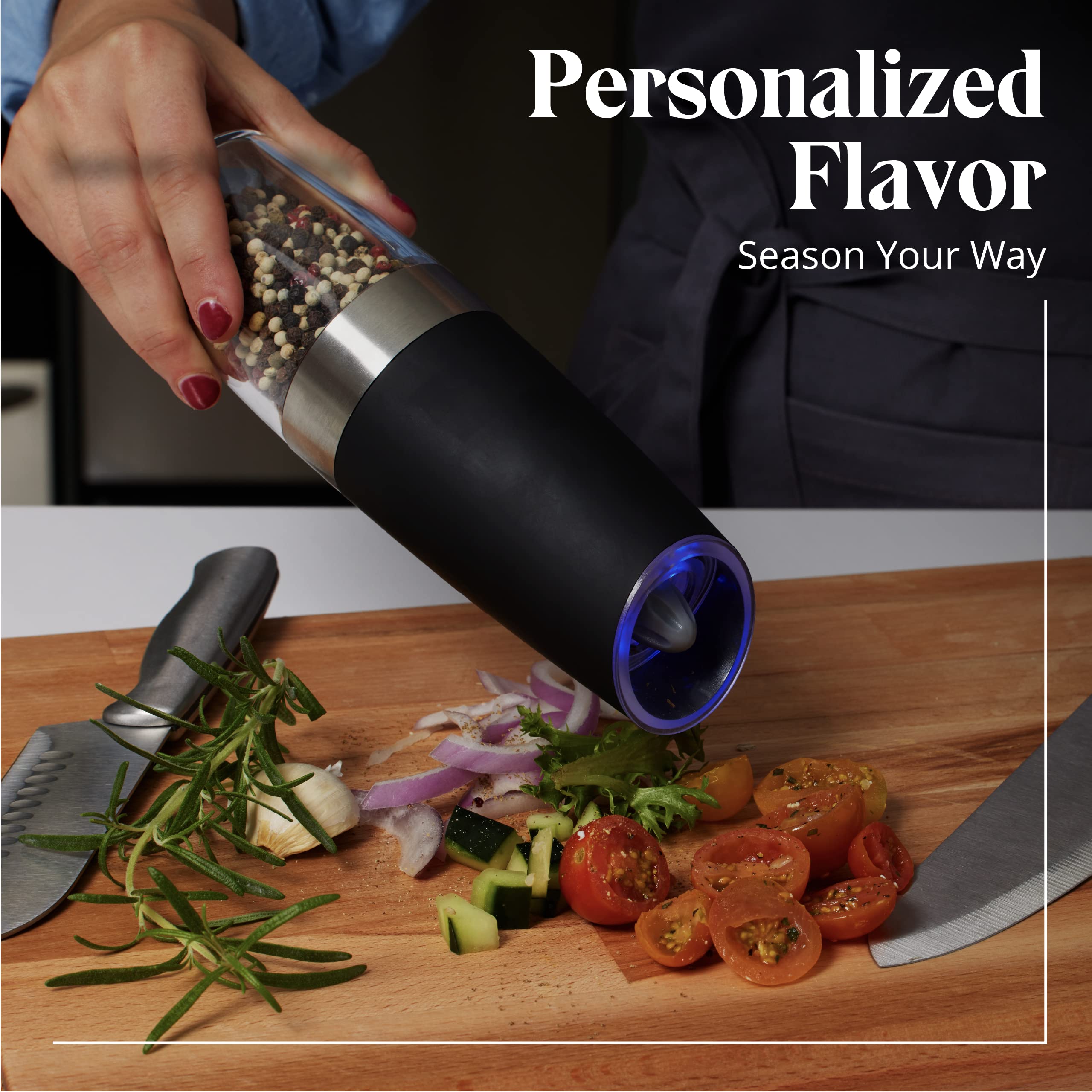 Willow & Everett Electric Salt and Pepper Grinder Set - 2 Pack Battery Operated Automatic Seasoning Mill with Gravity Sensor - Stainless Steel & Black Pepper Shakers for Kitchen, Dining Table & Outdoor Cooking