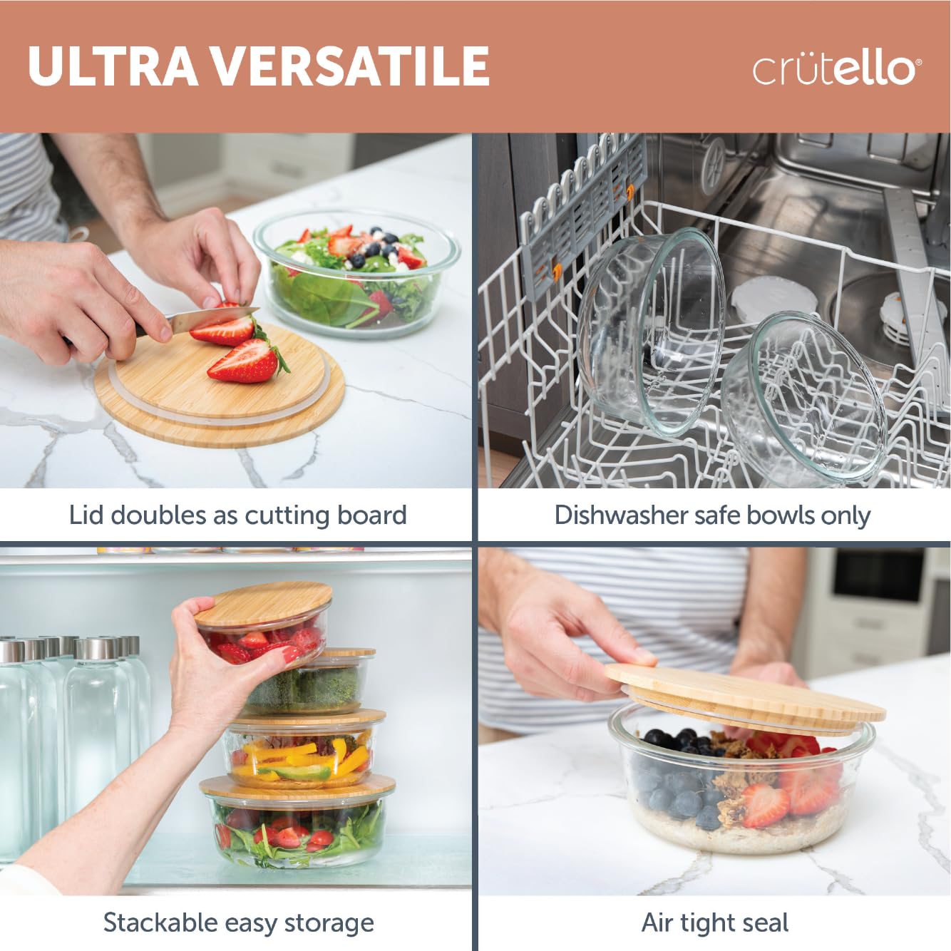 Crutello Glass Meal Prep Containers with Bamboo Lids - 4 Pack Airtight Clear Food Storage Containers for Kitchen Organization | BPA-Free, Leakproof & Stackable | Perfect for Meal Prepping, Leftovers & Pantry Storage | Family-Owned American Brand