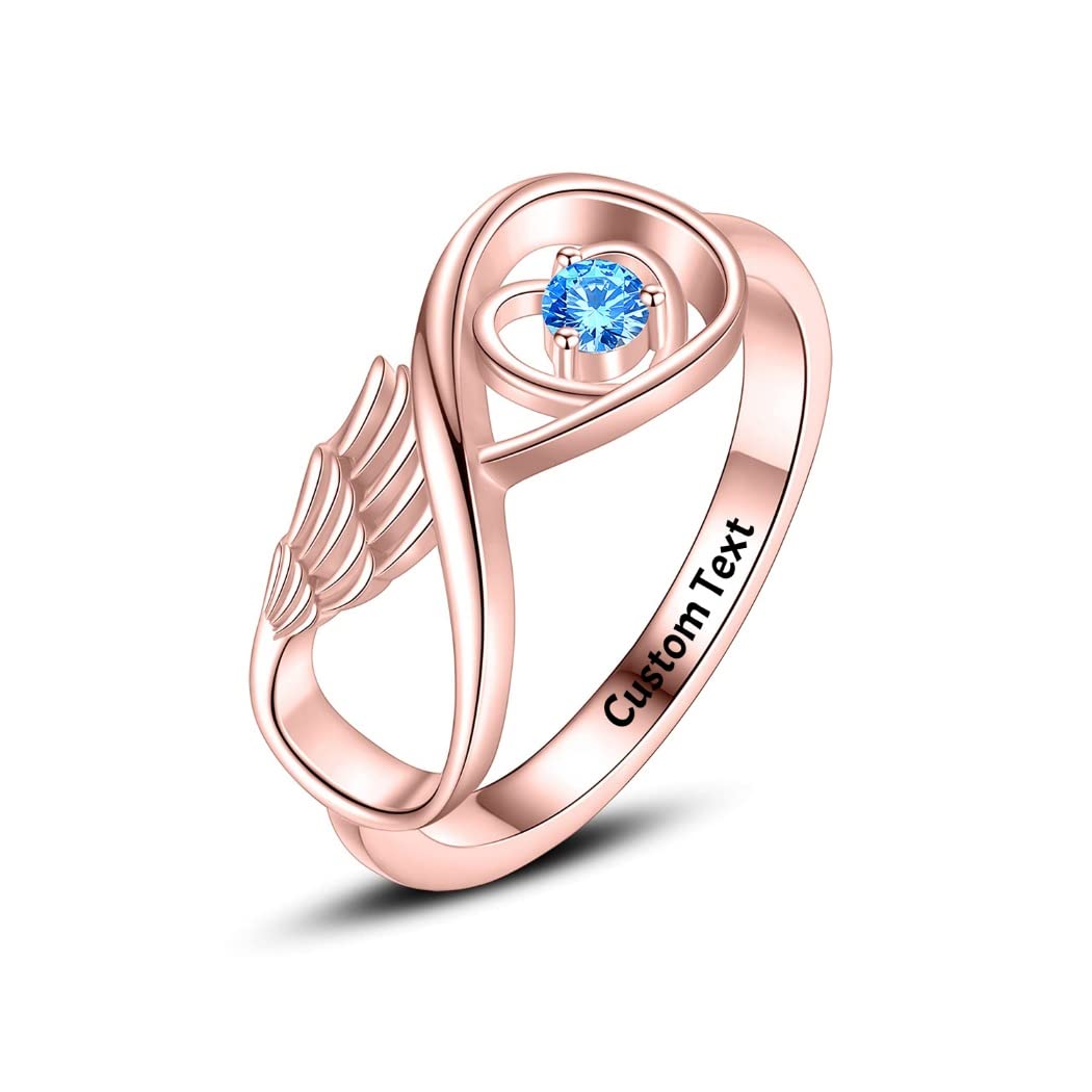 Angel Wing Birthstone Ring for Women - Personalized Sterling Silver Infinity Wings Ring with Custom Name Engraving - Thoughtful Miscarriage Memorial Gift for Mothers, Daughters & Loved Ones - Perfect for Mother's Day, Remembrance Jewelry & Sympathy Gifts