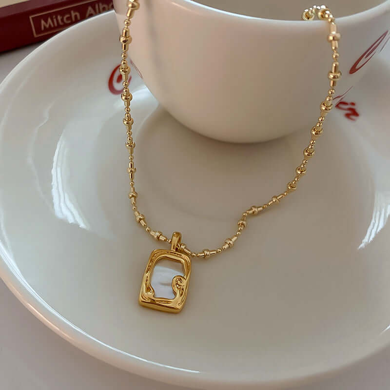 Vintage Mother of Pearl Pendant Necklace with Gold Frame | Elegant Jewelry for Women | Perfect for Weddings, Parties & Special Occasions | HN2121