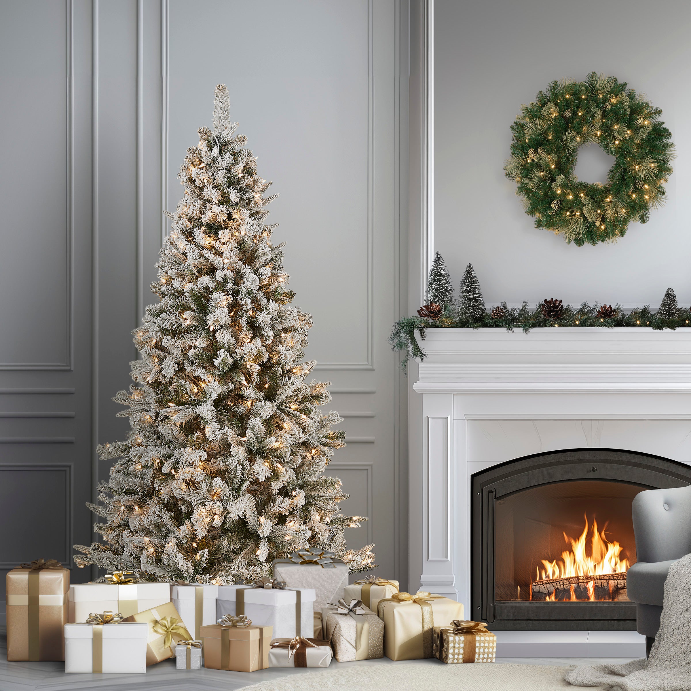 6.5 ft Pre-Lit Snowy Mixed Pine Christmas Tree with 300 Clear LED Lights - Perfect for Holiday Home Decor, Office, and Party Decoration