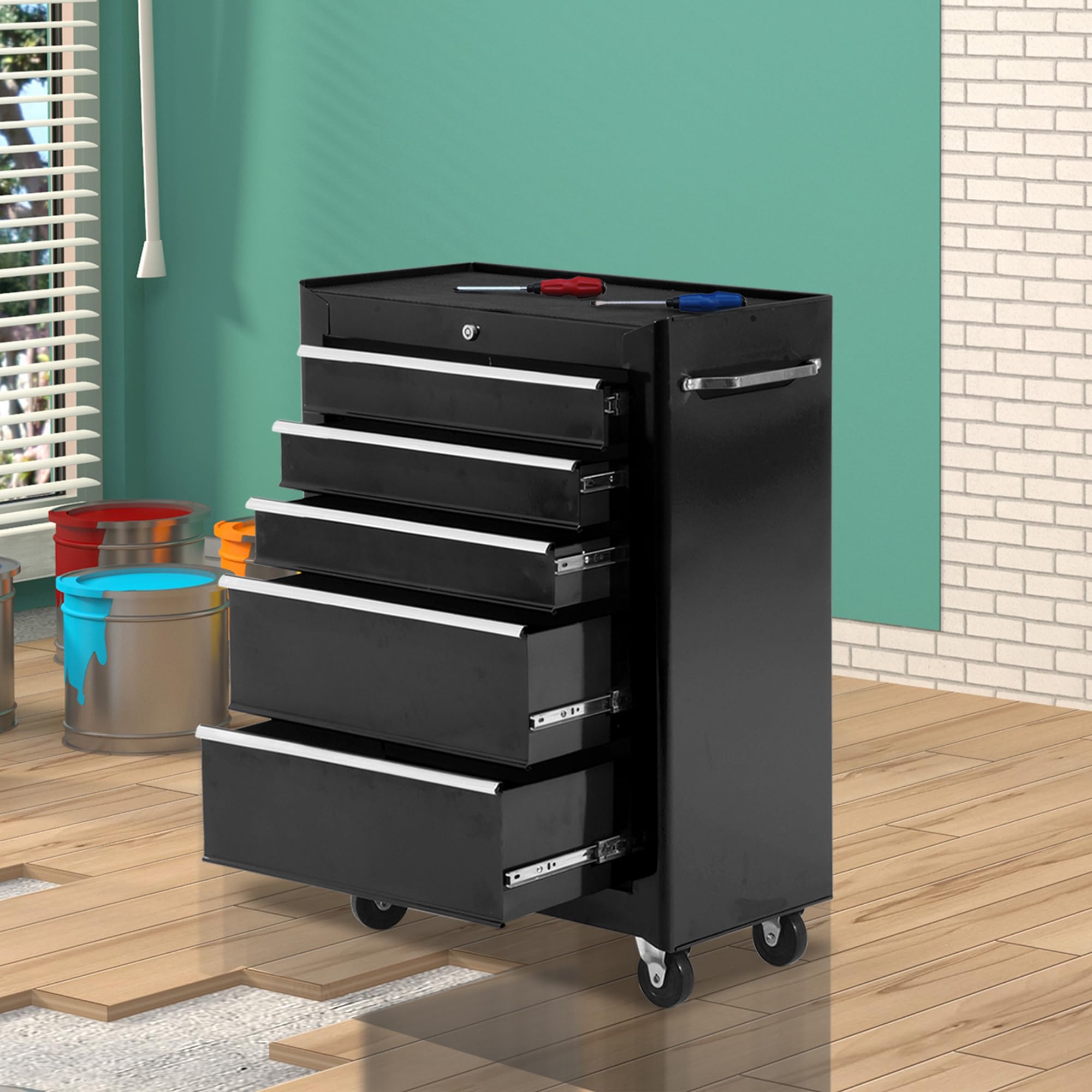 HOMCOM 5-Drawer Rolling Tool Chest with Lock, Heavy-Duty Tool Cabinet with 4 Universal Wheels for Garage, Workshop & Factory Storage - Black | Perfect for DIY Projects, Auto Repair & Professional Tool Organization