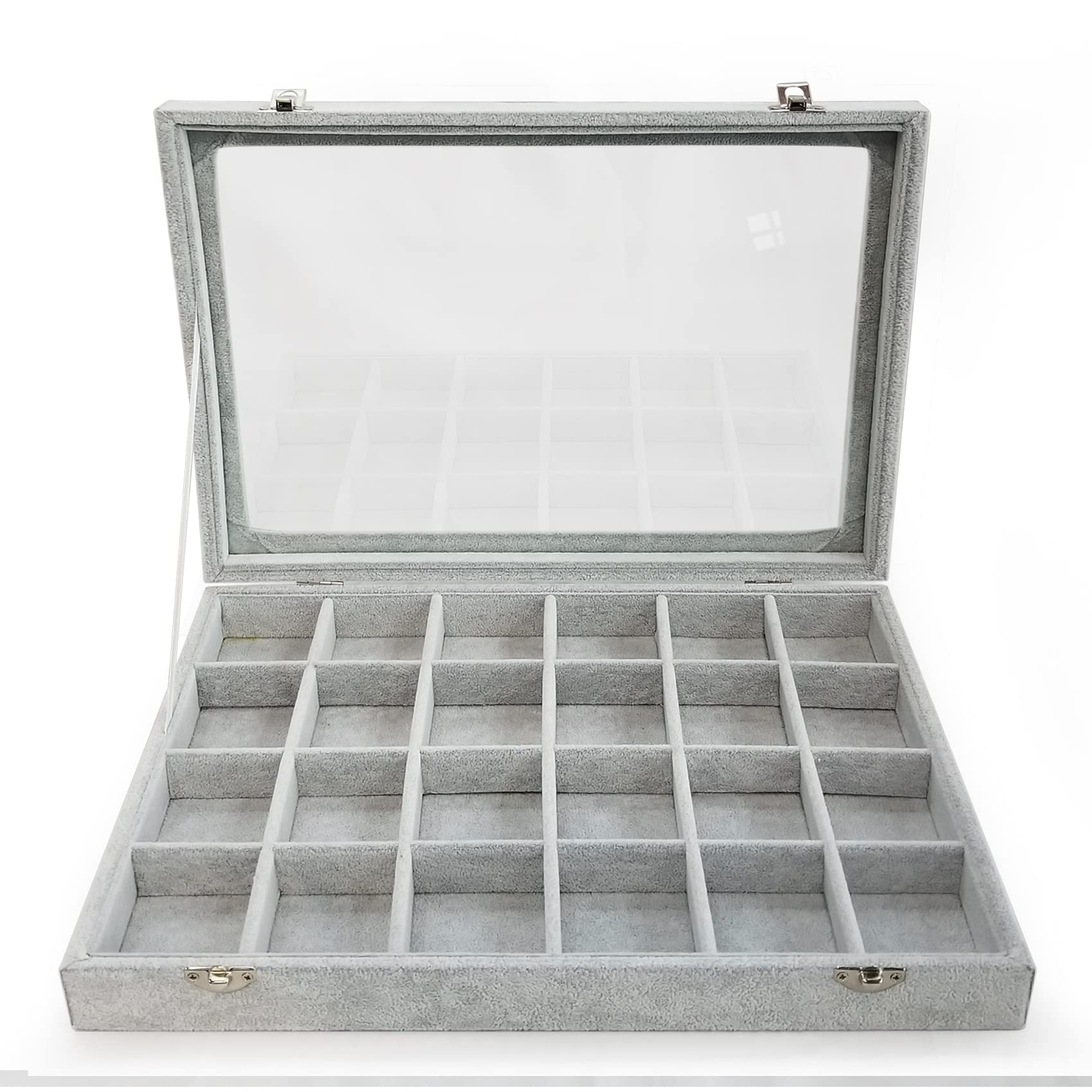 24 Grids Removable Jewelry Organizer Box with Ice Velvet & Clear Lid - Display Case for Earrings, Rings, Bracelets (Grey) | Perfect for Travel, Vanity & Gift Storage
