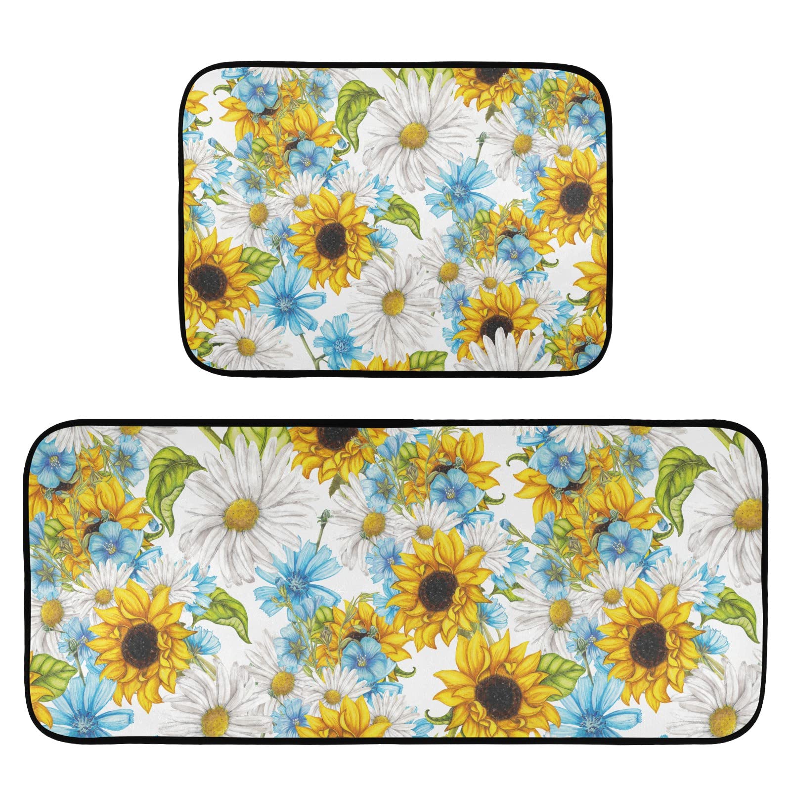 Dalzium Daisy Kitchen Mats Anti Fatigue 2-Piece Set - Ultra Absorbent Washable Non-Slip Cushioned Floor Mats for Standing Comfort - Perfect for Kitchen, Office, Laundry Room & Standing Workstations