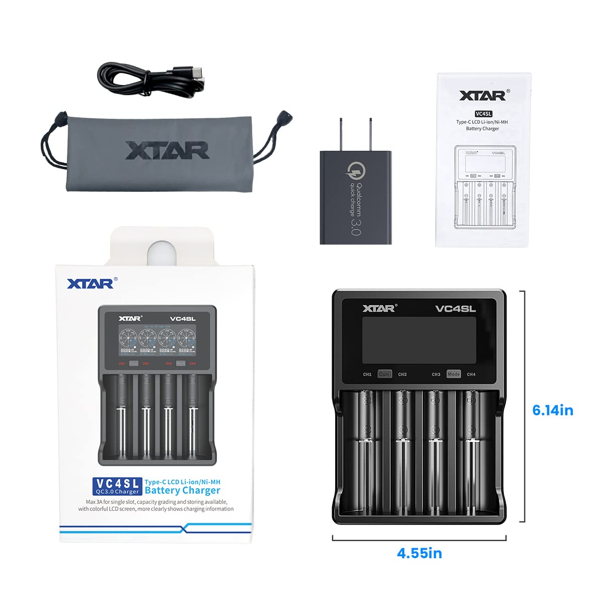 XTAR VC4SL 3A Fast Battery Charger with QC3.0 Adapter - 4 Bay Smart Charger for Li-ion & Ni-MH Rechargeable Batteries (1.2V-4.2V) - Perfect for Cameras, Flashlights, RC Toys, and Electronic Devices (Batteries Not Included)