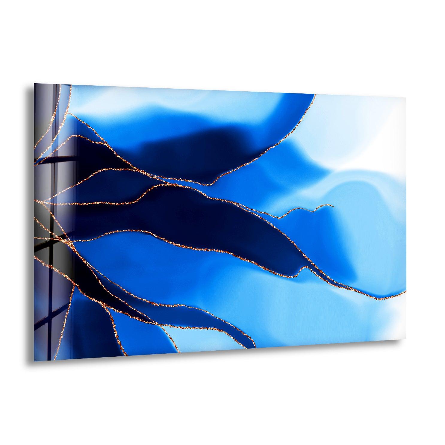 Blue and Gold Marble Abstract Glass Wall Art - Modern Home Decor for Living Room, Bedroom & Office | Handmade Glass Wall Hanging for Contemporary Interior Design