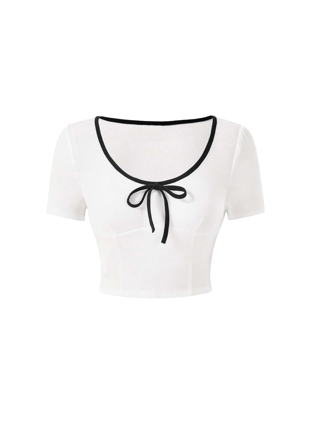 Verdusa Women's White Ribbed Knit Crop Tee with Contrast Binding & Tie Front - Short Sleeve Casual Top for Summer Outfits, Beach Wear and Date Nights (Size Small)