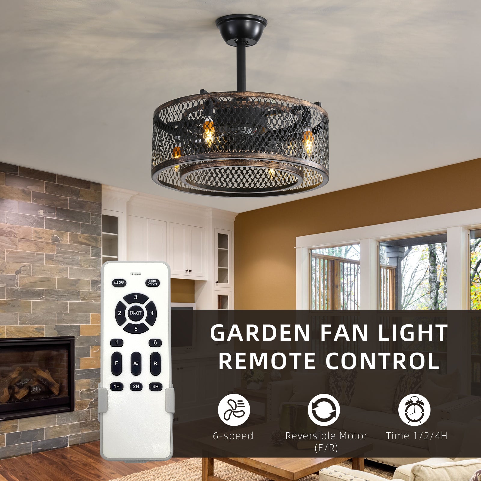 20 Inch Caged Ceiling Fan with LED Lights - Industrial Style Vintage Ceiling Fan for Bedroom, Living Room, Porch - Dimmable & Remote Control Included (Bulbs Not Warranted)