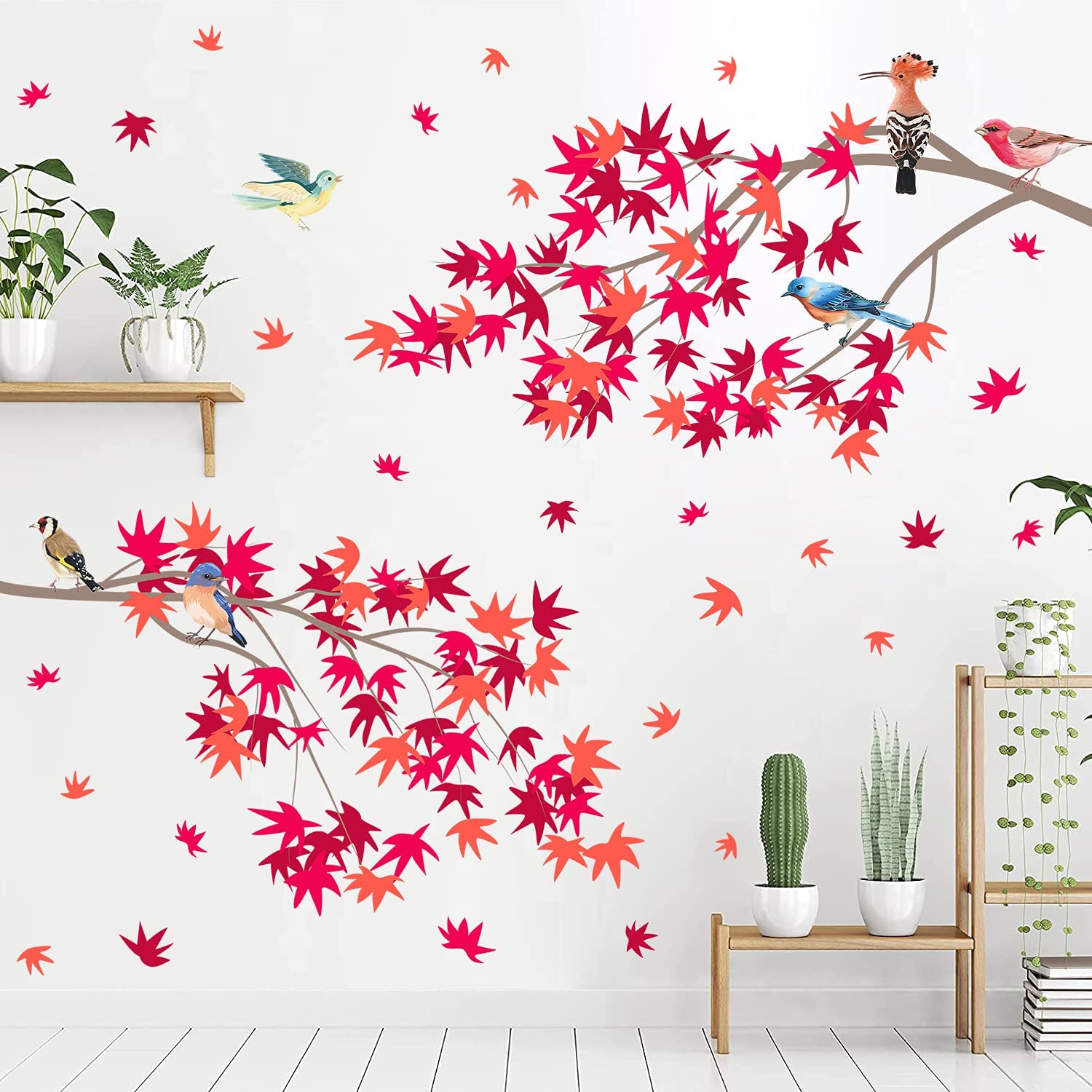Thanksgiving Maple Leaf Wall Decals - Fall Red Leaves with Birds on Branches, Removable Peel & Stick Vinyl Wall Art for Autumn Home Decor | Perfect for Kids Bedroom, Nursery, and Seasonal Thanksgiving Party Decorations