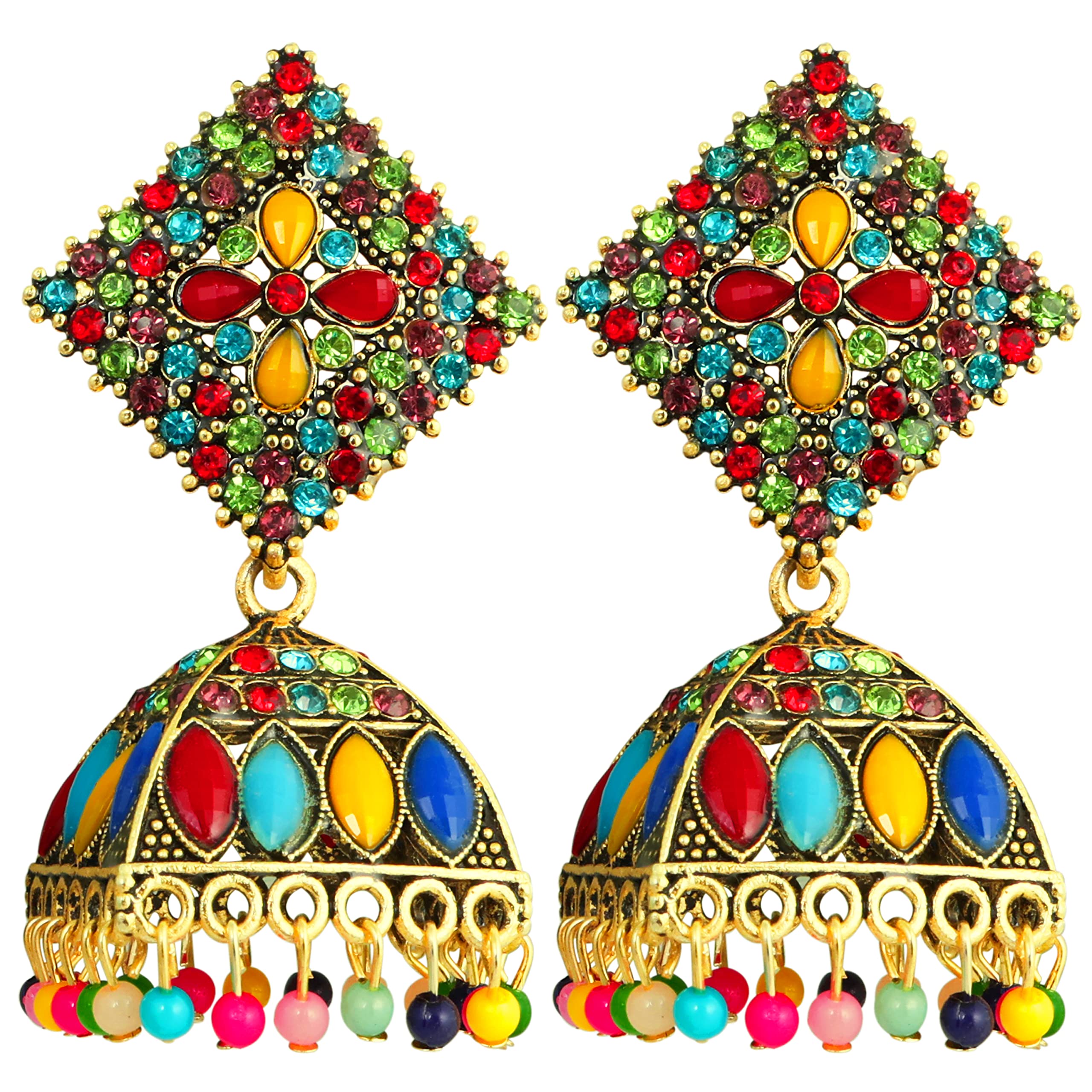 Elegant Gold Plated Cubic Zirconia Floral Jhumka Drop Earrings for Women - Geometric Traditional Boho Chic Jewelry - Perfect Gift for Sister, Wedding, Party & Special Occasions