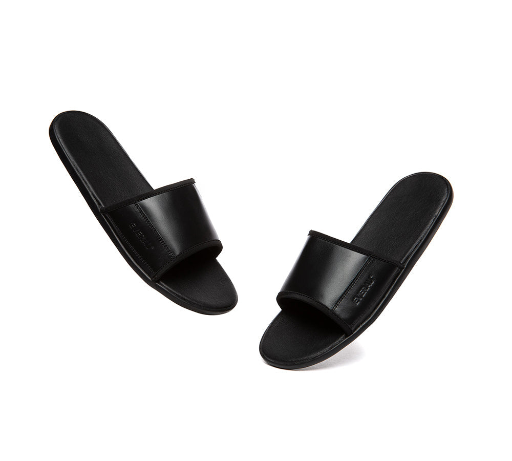 EVERAU® Men's Genuine Leather Slip-On Slides - Ultra Soft & Comfortable Summer Slippers for Indoor/Outdoor Use - Perfect for Beach, Poolside, Lounging & Casual Wear