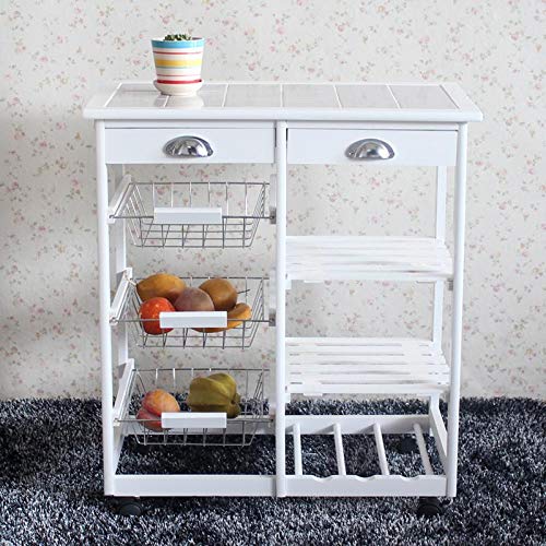 GOTOPP Mobile Kitchen Cart with Wheels - 2 Drawers, 3 Push-Pull Metal Baskets & 3 Storage Shelves - Rolling Serving Cart for Kitchen, Dining Room - Perfect for Small Spaces, Buffet Serving & Extra Countertop Storage