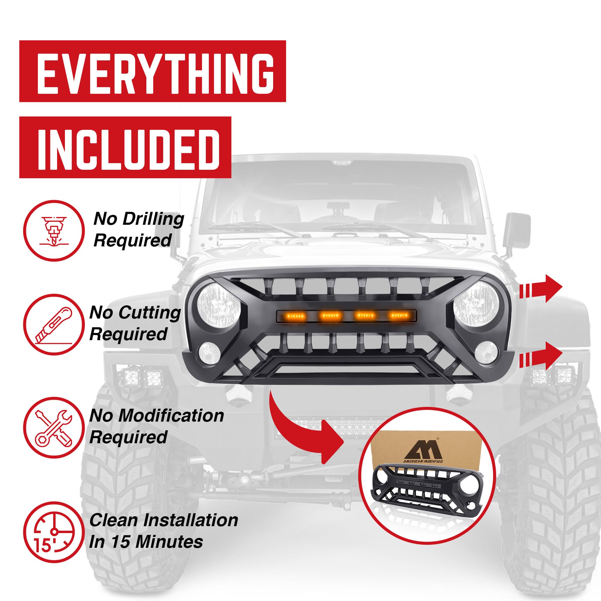 07-08 Jeep Wrangler JK Black AMERICAN MODIFIED Armor Grille with Amber Lights - Heavy Duty Off-Road Protection for Adventure & Trail Riding