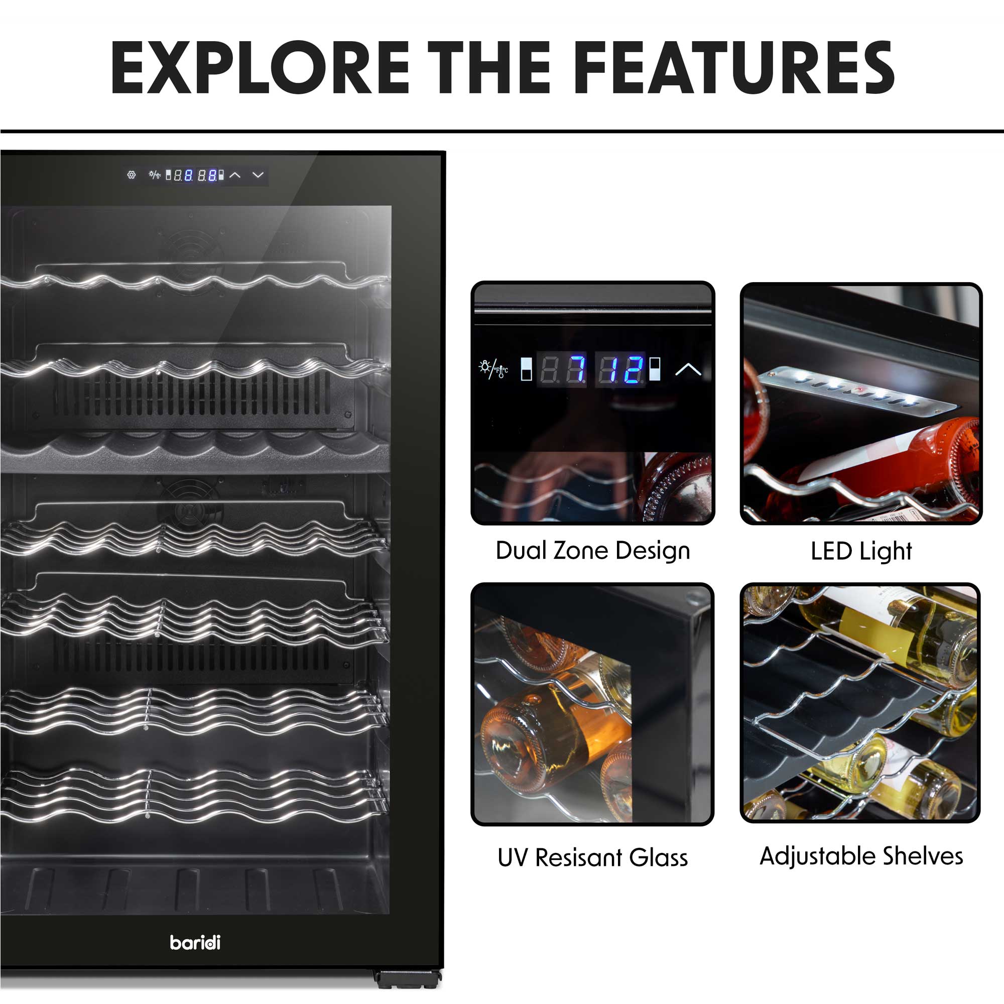 Baridi 52 Bottle Dual Zone Wine Cooler - Black Freestanding Wine Fridge with Touch Controls & LED Display - Perfect for Home Bars, Restaurants, and Wine Cellars