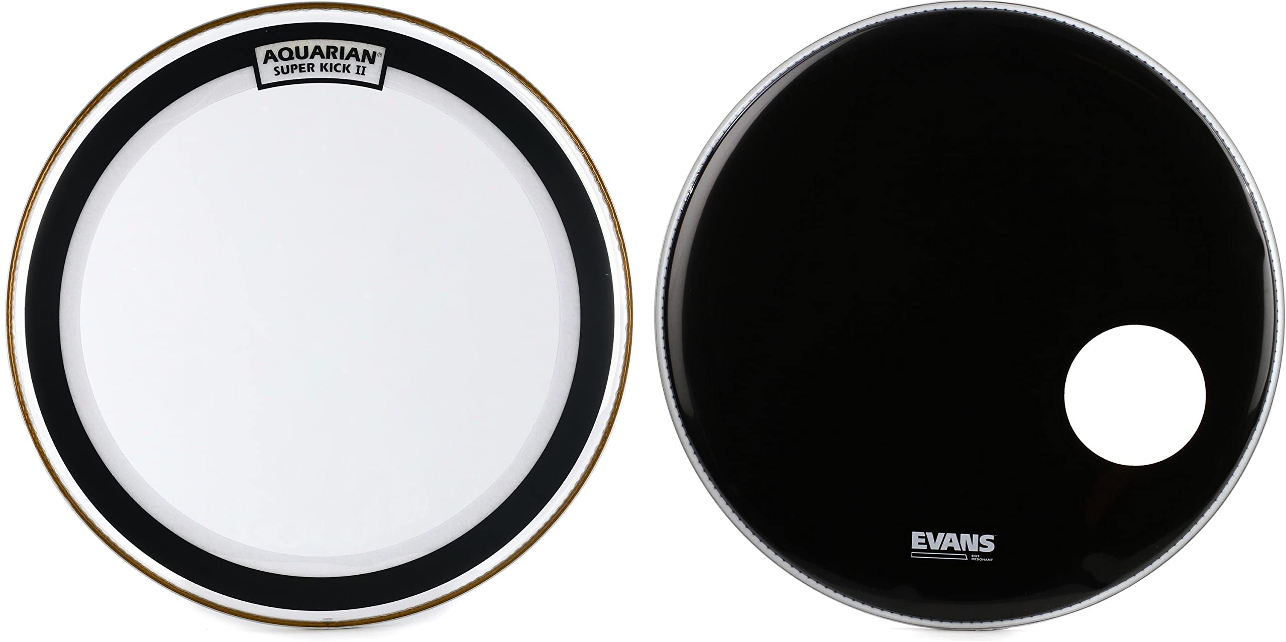 Aquarian Superkick II Clear Bass Drumhead 22 inch & Evans EQ3 Resonant Black Bass Drumhead 22 inch with Port Hole - Premium Drum Set Accessories for Live Performances and Studio Recording