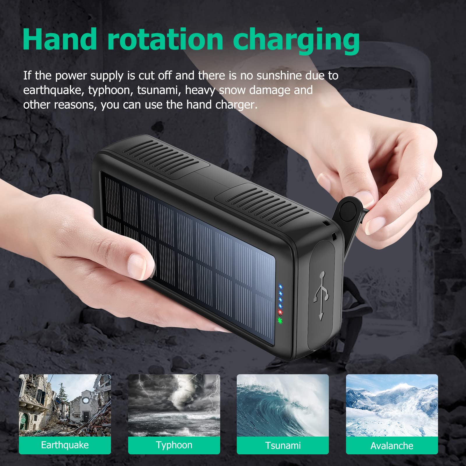 63200mAh Solar Power Bank with Dual USB Outputs & Inputs | Portable Solar Charger with 4 LED Flashlight & Hand Crank | Fast Charging Battery Pack for Camping, Hiking, Emergency Kits & Outdoor Survival Gear