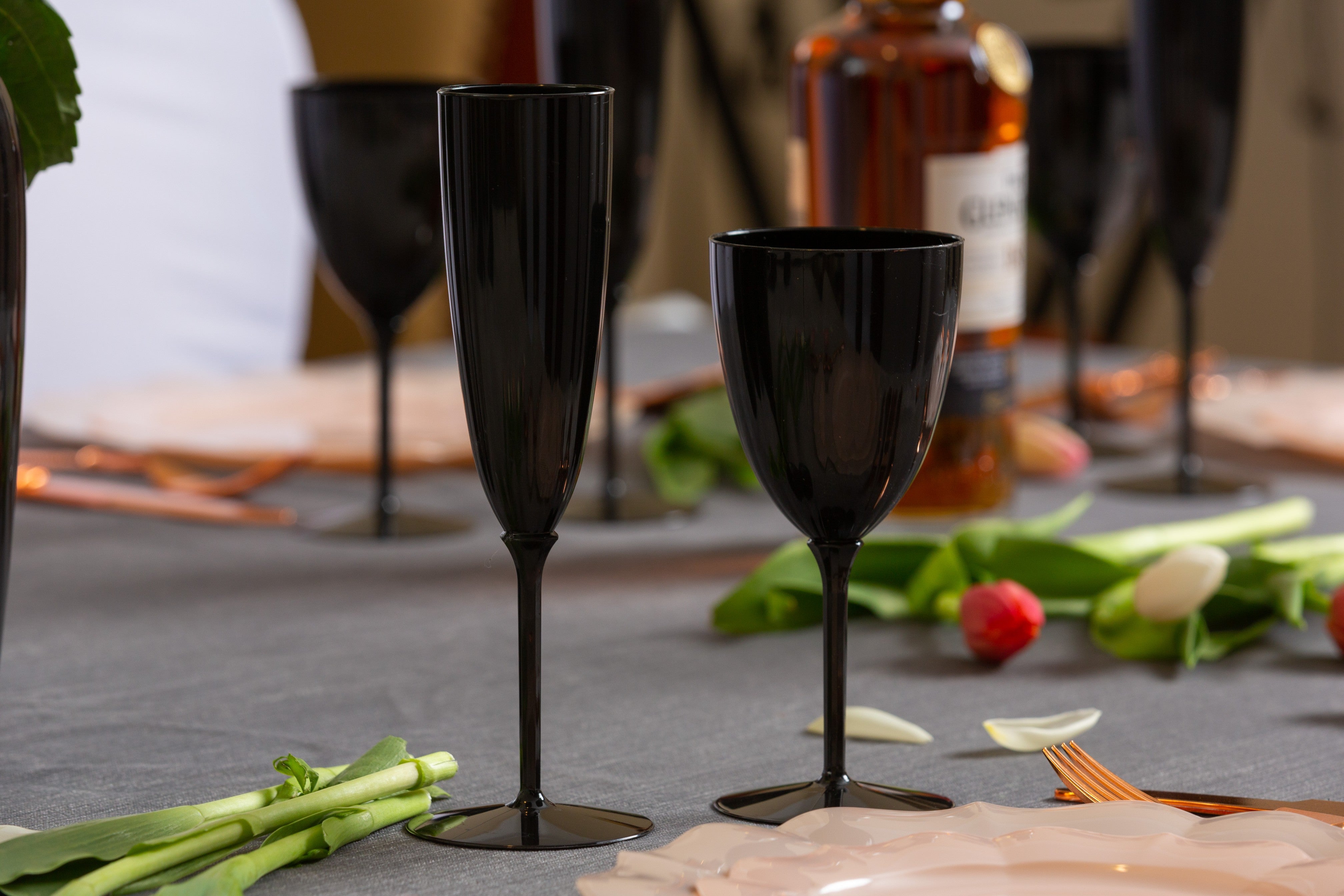 8 Pack 6 Oz Black Plastic Champagne Flutes - Disposable Elegant Party Cups for Weddings, Events & Celebrations