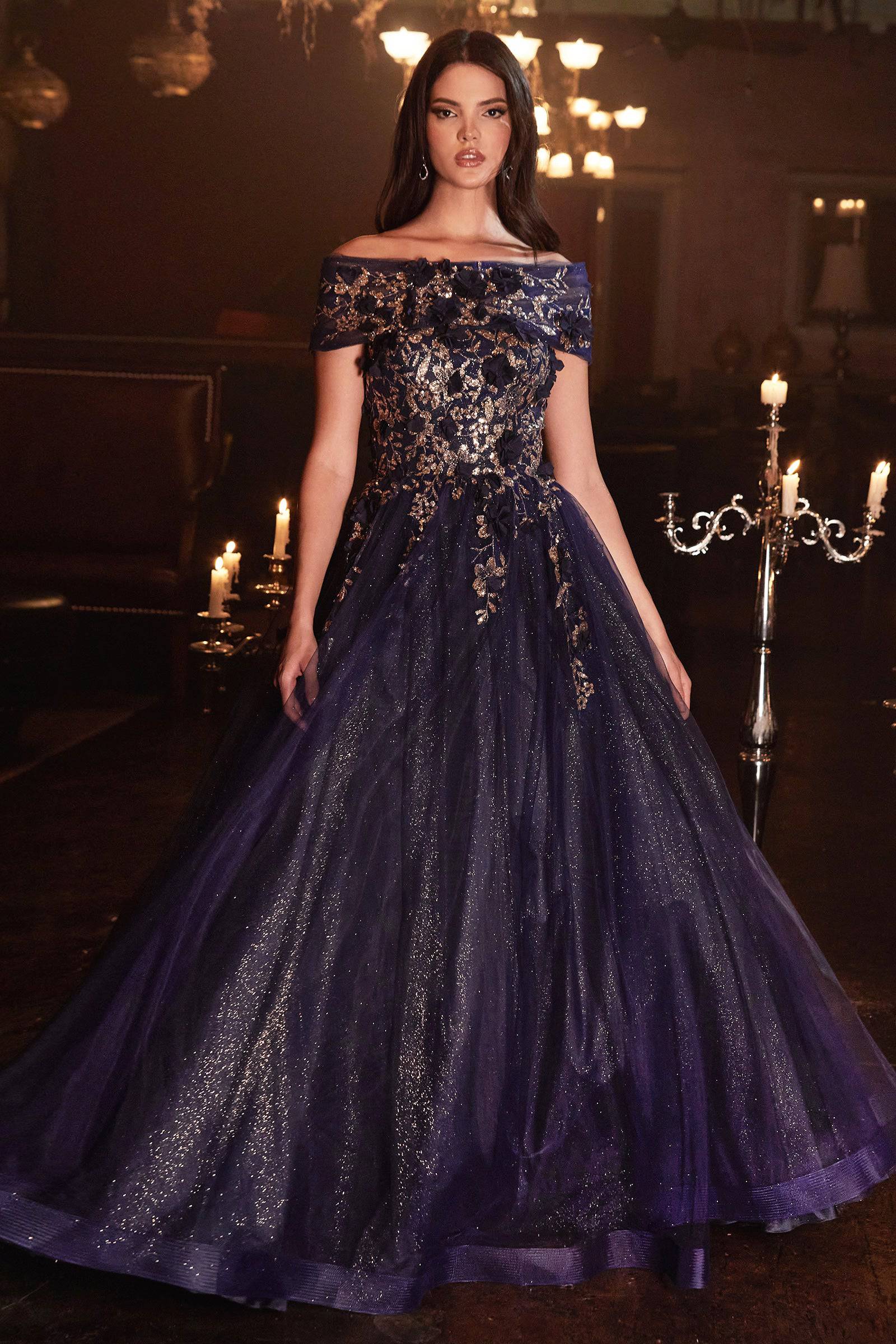 Cinderella Divine CD955 Floral Off Shoulder Shimmering Tulle Ball Gown - Elegant Prom Dress for Women, Sparkling Evening Gown for Weddings, Parties & Special Occasions