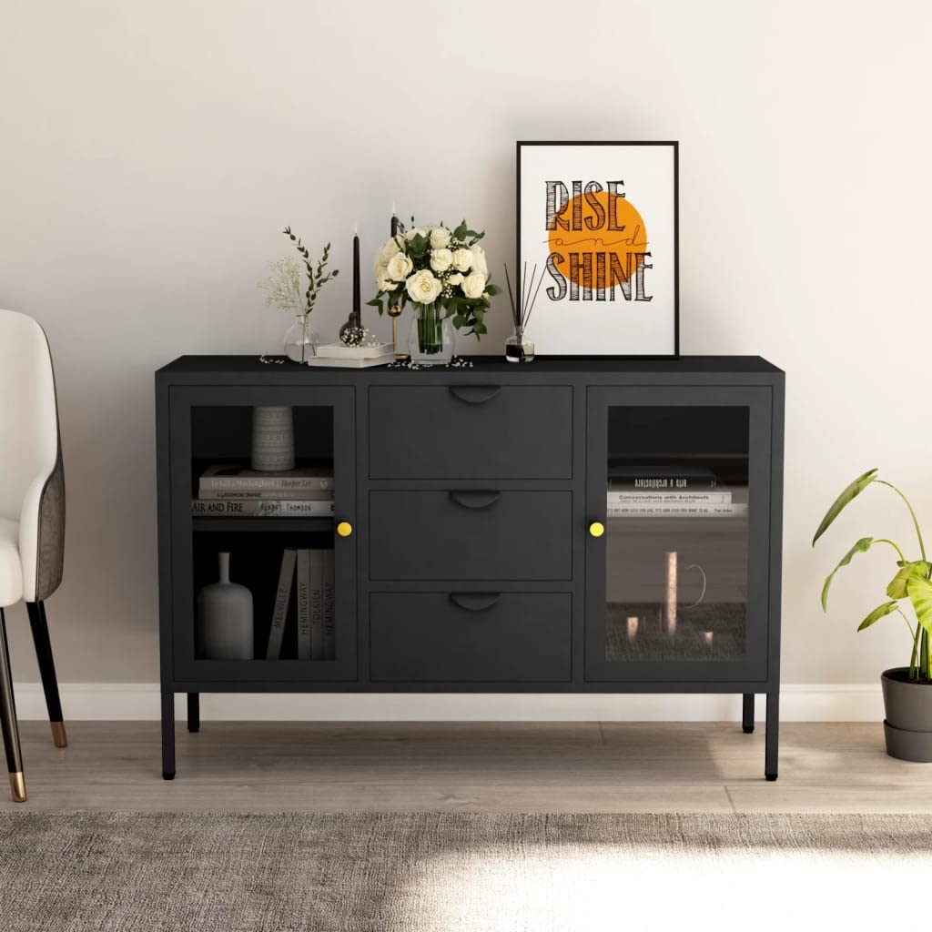 FAMIROSA Modern Steel Sideboard Cabinet - 3 Drawers & 2 Adjustable Shelves Metal Storage Organizer, 41.3