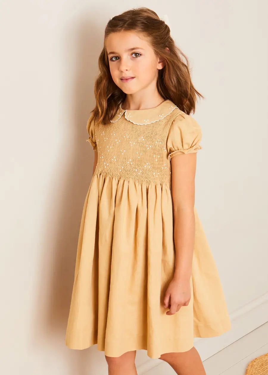 Hand Smocked Peter Pan Collar Short Sleeve Dress for Girls in Beige (12 Months - 10 Years) | Perfect for Birthday Parties, Easter, and Special Occasions