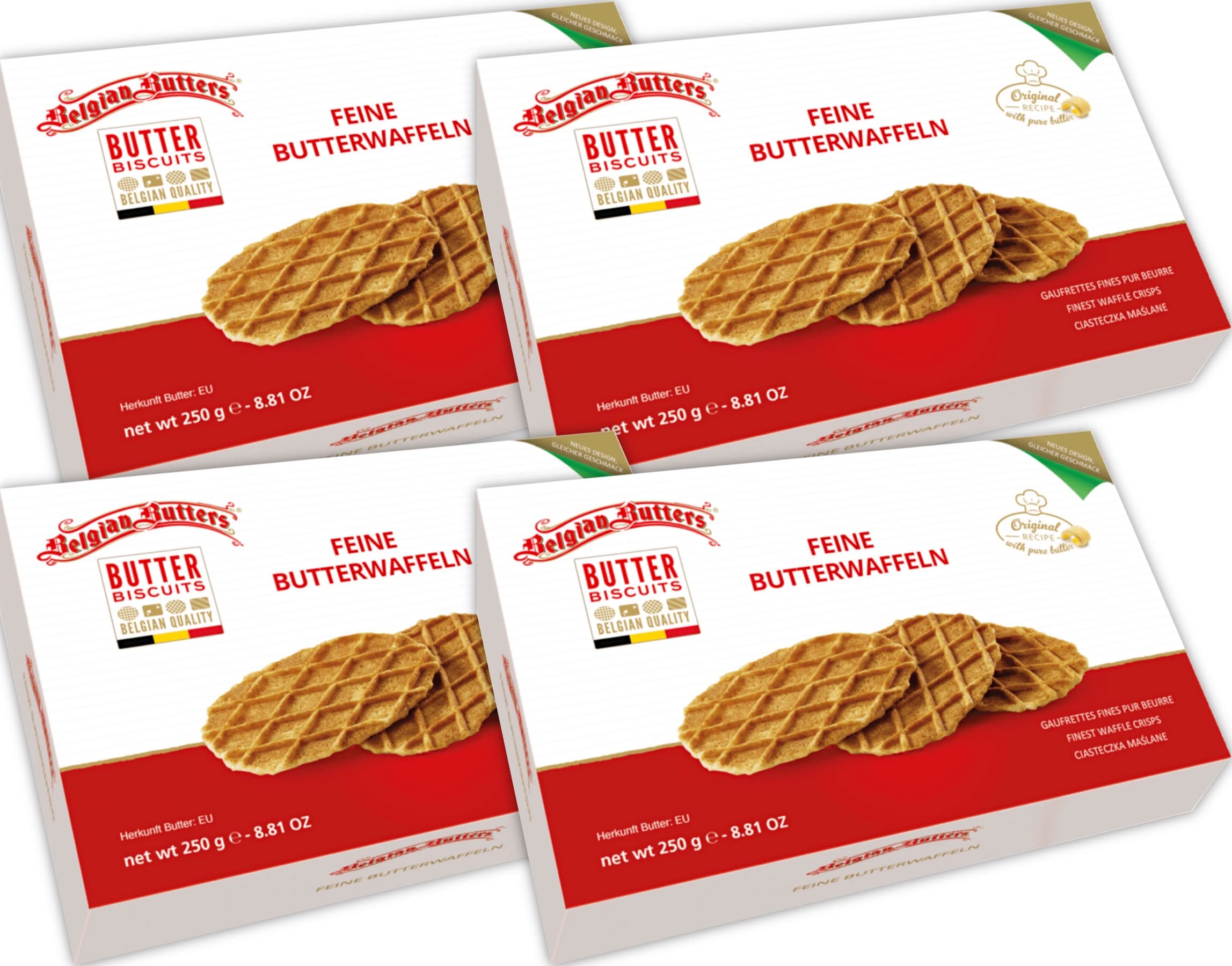 Crispy Belgian Butter Waffles 4-Pack (4x250g) - Authentic Belgium Waffles with Delicate Butter Flavor | Perfect for Breakfast, Snacks & Coffee Time