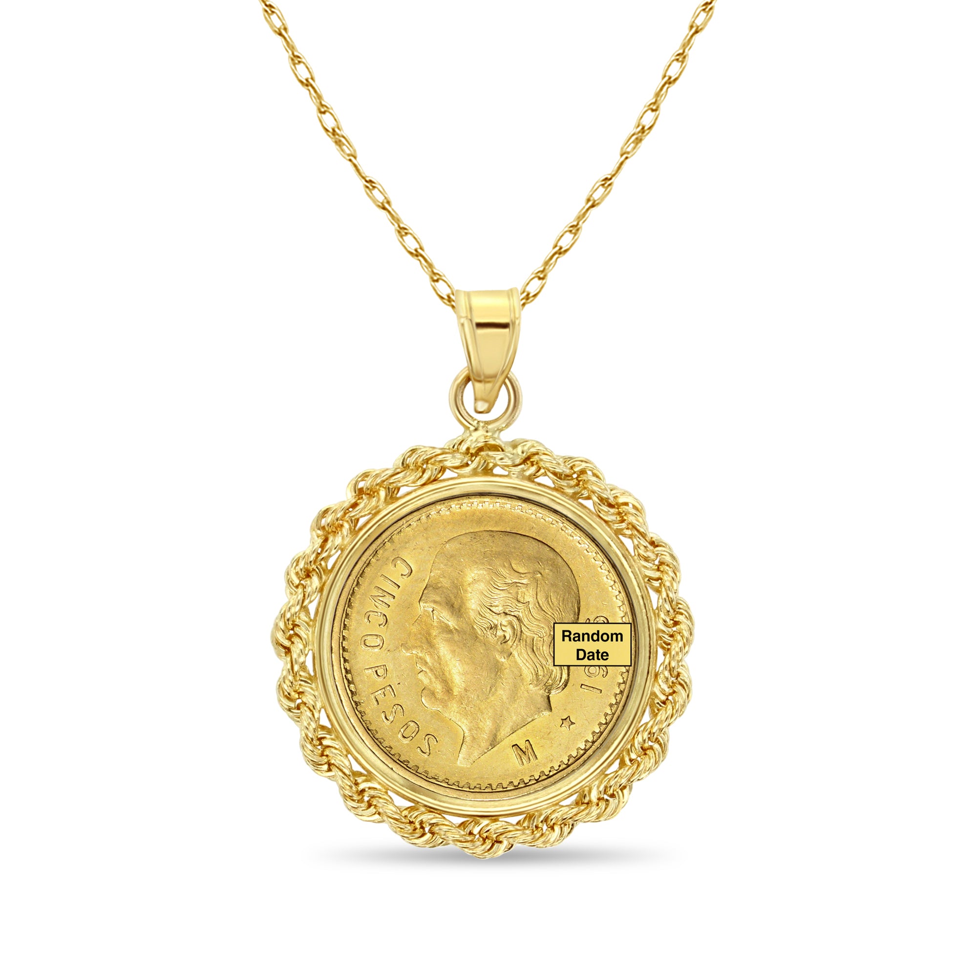 14K Yellow Gold Cinco Pesos Coin Necklace with Rope Bezel - Perfect for Gifts, Special Occasions & Mexican Heritage Jewelry