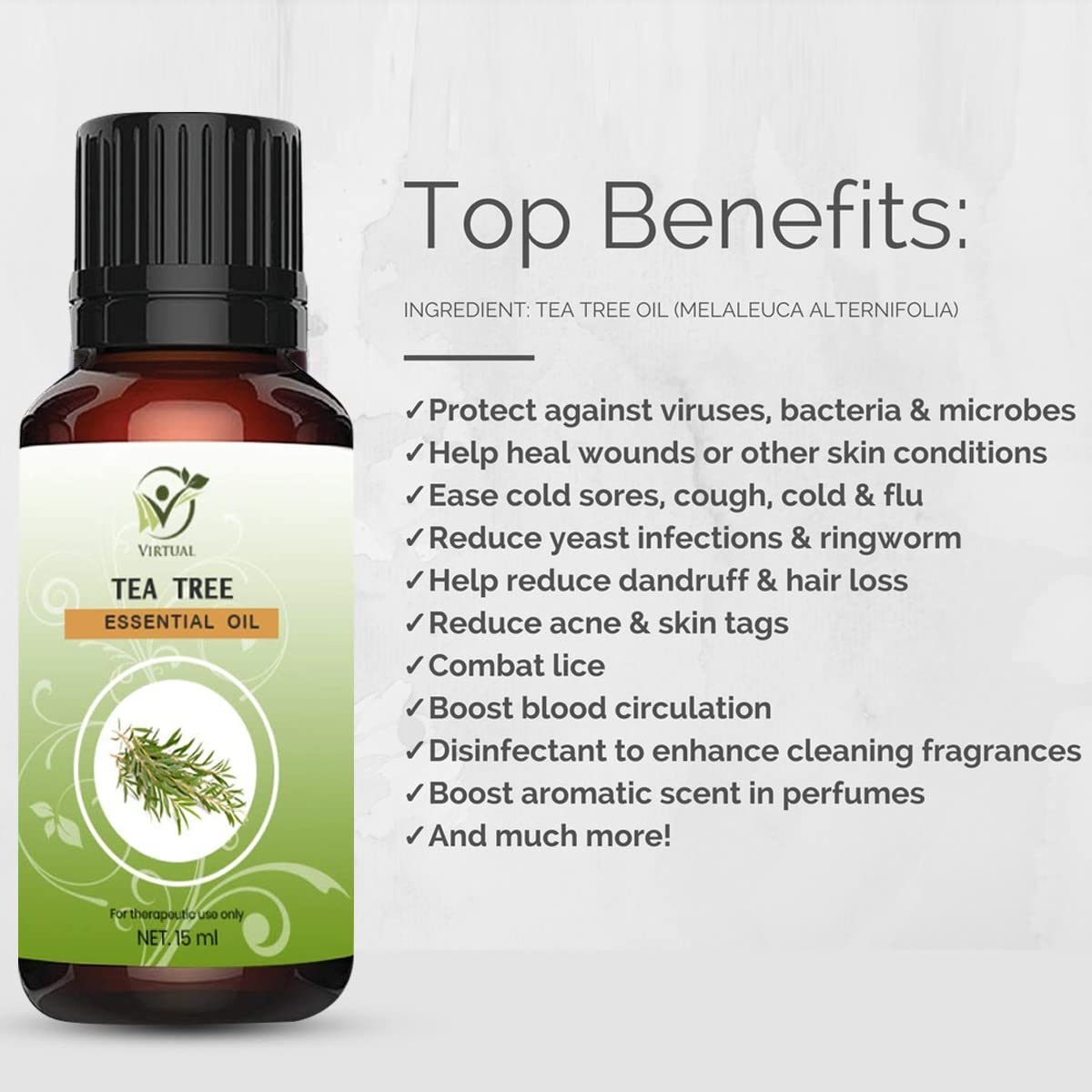 VIRTUAL 100% Pure Tea Tree Essential Oil for Acne Treatment, Pimple & Scar Removal, Skin & Hair Care - 15ml | Natural Anti-Dandruff Solution for Face & Scalp | Perfect for Aromatherapy, DIY Beauty Products & Home Remedies