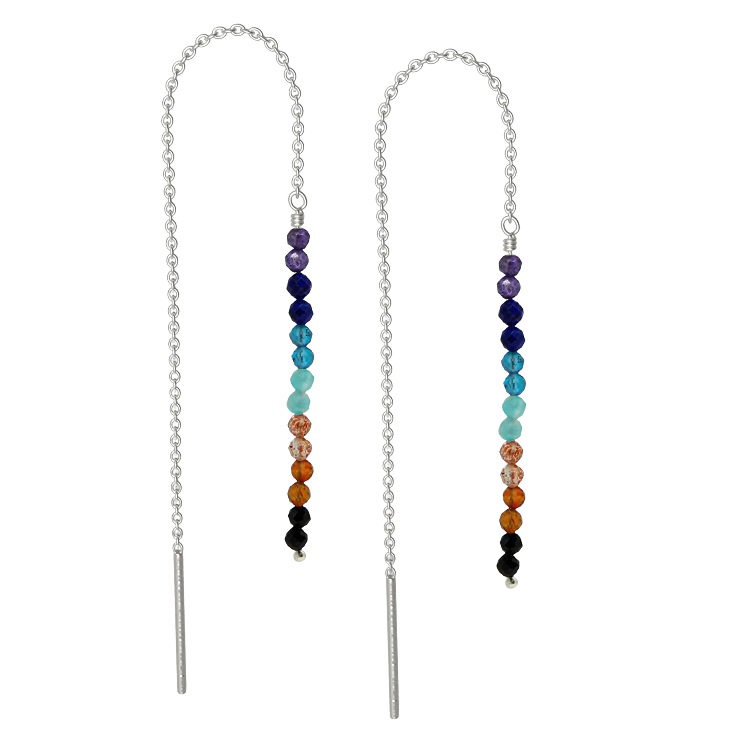 7 Chakra Sterling Silver Threader Earrings for Women - Adjustable Lightweight Pull-Through Double Piercing Dangle Earrings - Long & Short Boho Jewelry for Yoga, Meditation & Spiritual Healing