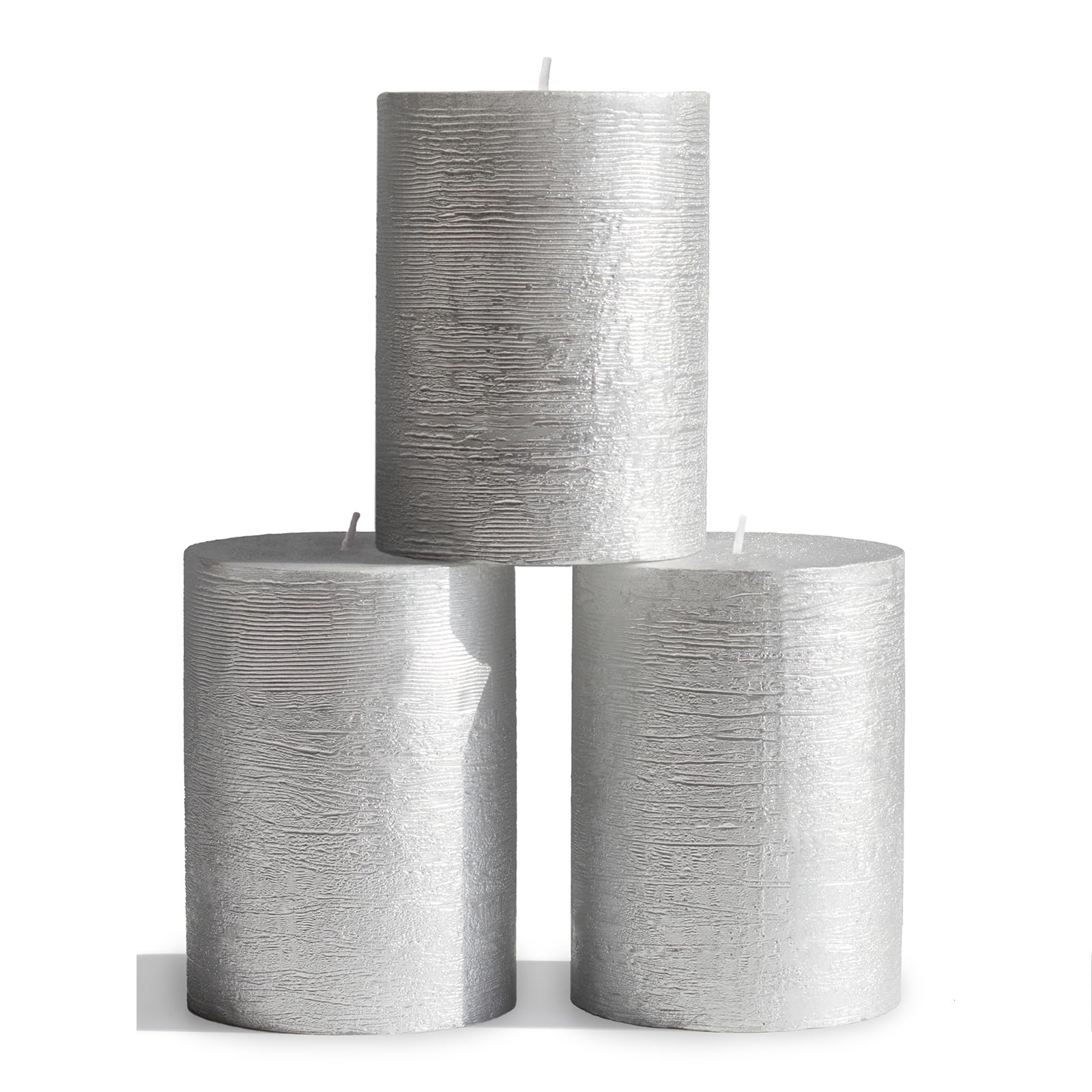 Premium CANDWAX 3x4 Inch Silver Pillar Candles Set of 3 - Unscented Non-Drip Decorative Candles for Weddings, Home Decor & Interior Design - Elegant Table Centerpiece for Dining Room, Living Room & Special Events