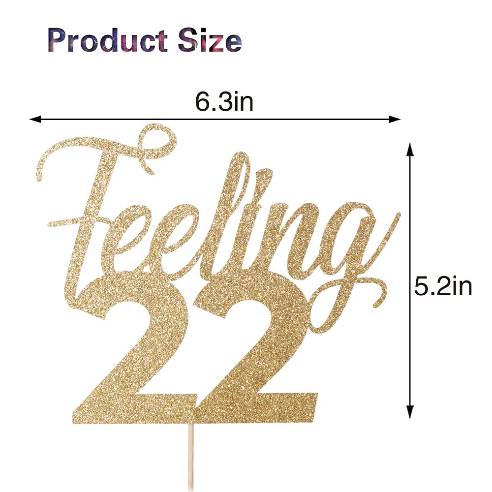 Feeling 22 Cake Topper - Golden Glitter Birthday Cake Decoration for 22nd Birthday Party | Perfect for Wedding, Anniversary & Special Celebration Cakes