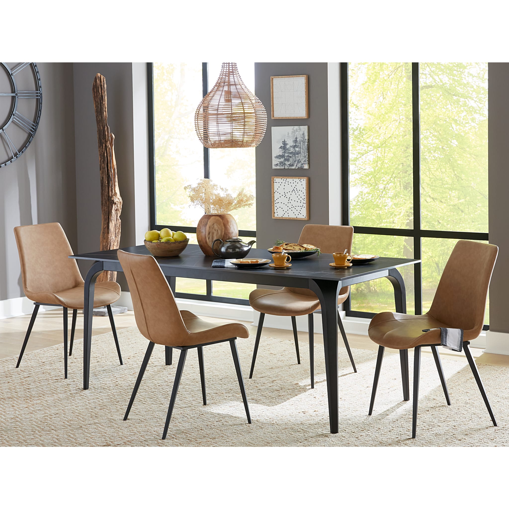 Nicoya Black Stone Rectangular Dining Table with Black Metal Base - Modern Kitchen & Dining Room Furniture for Home & Restaurant Use