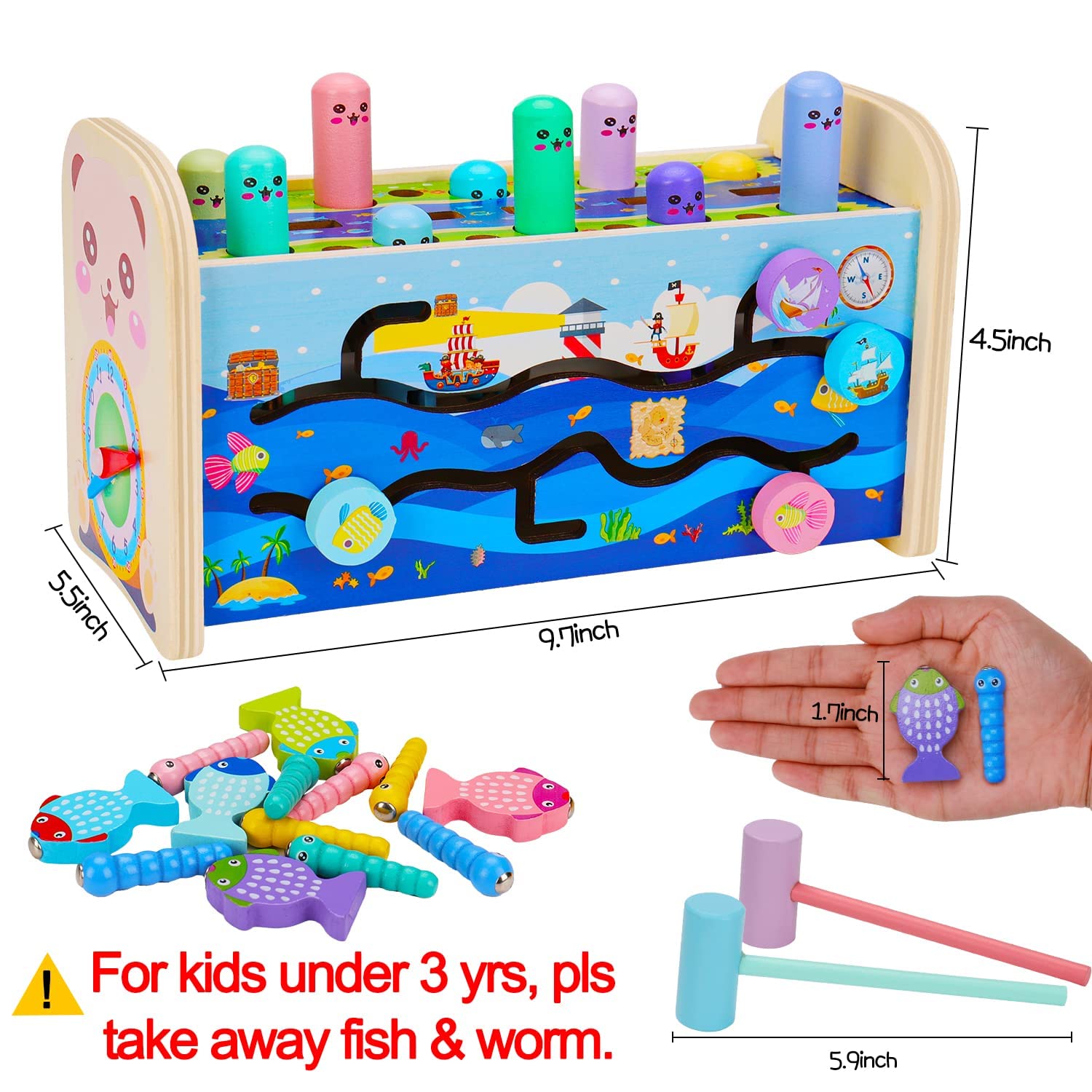 7 in 1 Montessori Wooden Toddler Toys for 1-3 Year Old Boys & Girls - Educational Hammering Pounding Toy with Whack-a-Mole, Fishing Game & Xylophone - Perfect Birthday Gift for 2+ Kids - Ideal for Early Learning, Sensory Play & Fine Motor Skills Development