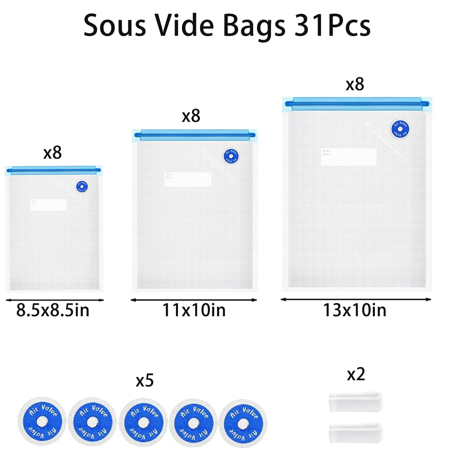 Premium Sous Vide Bags 31 Pcs Set - 24 Reusable BPA-Free Vacuum Zipper Bags, 2 Seal Clips & 5 Air Valves | Food Grade Vacuum Sealer Bags for Sous Vide Cooking, Meal Prep, Freezer Storage & Microwave Heating | Perfect for Home Chefs & Meal Preppers