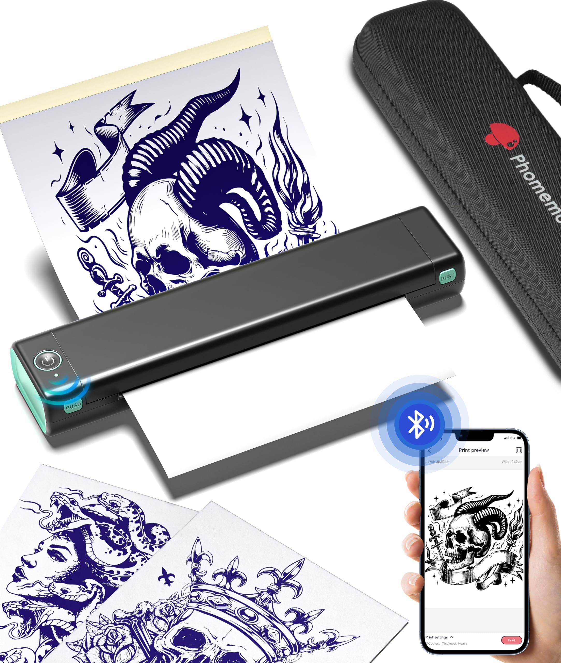 Phomemo Wireless Tattoo Stencil Printer Kit - Bluetooth Thermal Transfer Machine with Storage Case & 10 Sheets Tattoo Transfer Paper | Compatible with iPhone, Android & PC | Perfect for Tattoo Artists & Beginners | Home Studio & Professional Tattoo Shop Use