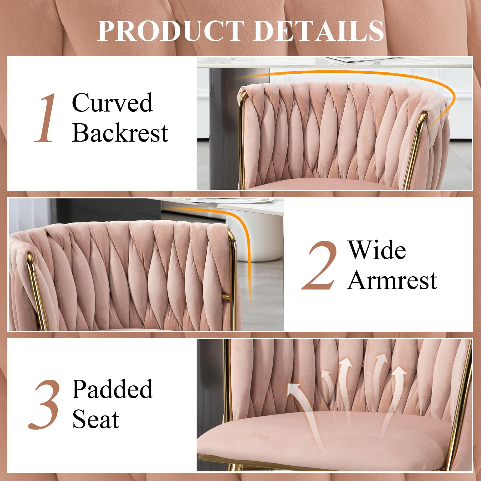 NIOIIKIT Modern Velvet Dining Chairs Set of 2 - Handwoven Upholstered Accent Chairs with Golden Metal Legs for Living Room, Dining Room, Kitchen & Vanity (Pink) - Perfect for Home Decor, Entertaining & Small Space Seating