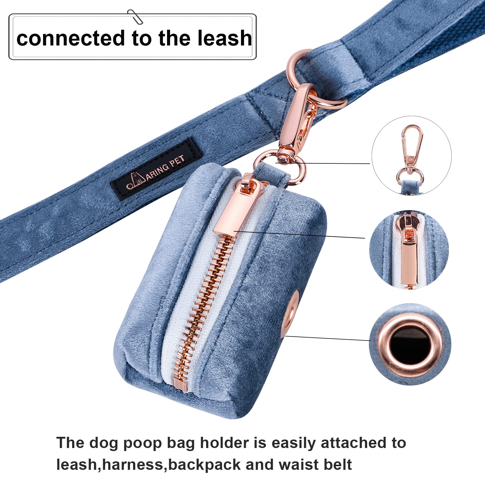 ARING PET Velvet Dog Waste Bag Dispenser - Cute Blue Poop Bag Holder for Leashes, Portable & Washable Pet Waste Pouch with Metal Zipper - Perfect for Walking Dogs, Park Visits & Outdoor Adventures