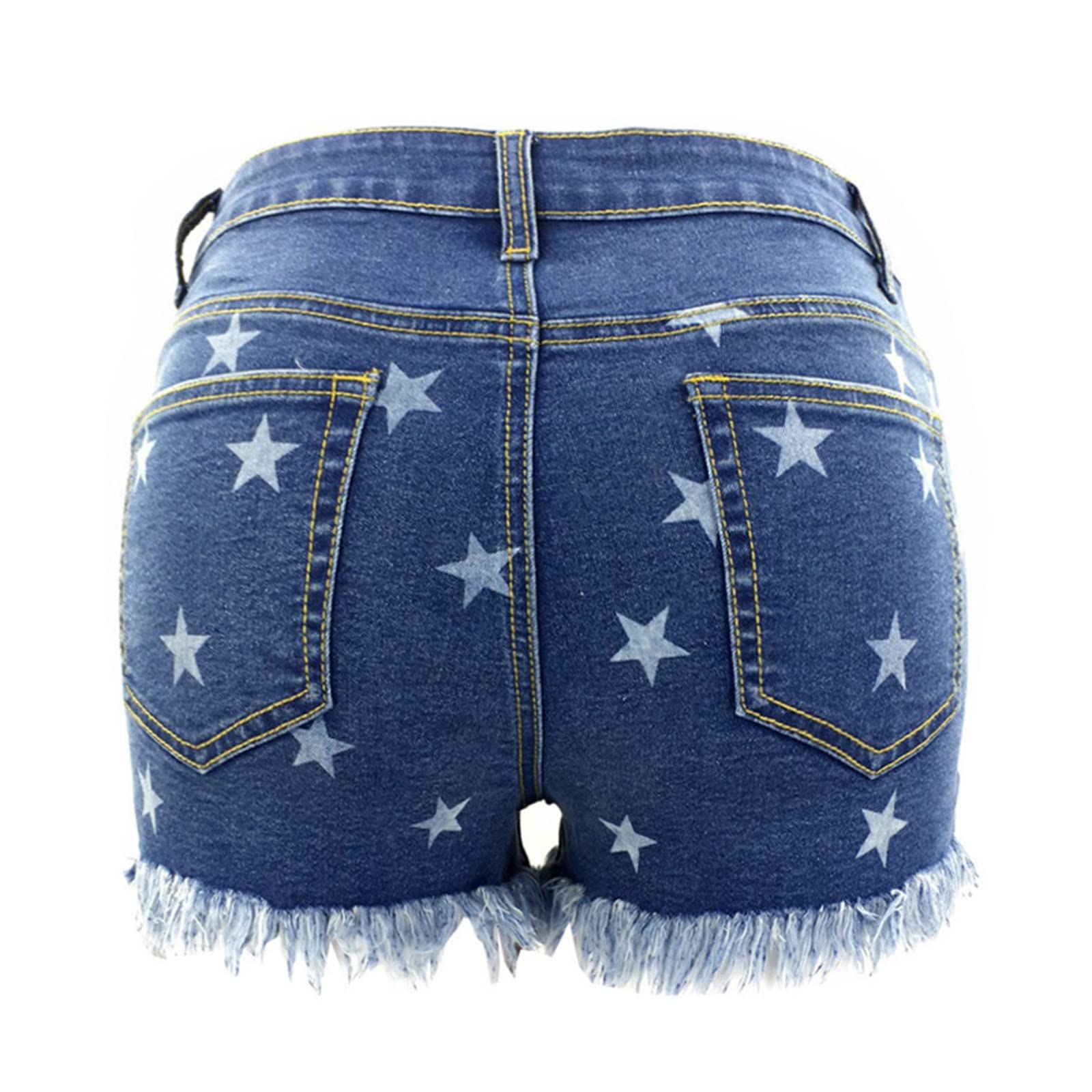 Sexy Women's Mid Waist Butt Lift Skinny Denim Shorts - Frayed Raw Hem & Stars Print Ripped Jeans (Dark Blue, US Size 6-8) | Perfect for Summer Outfits, Parties & Casual Wear