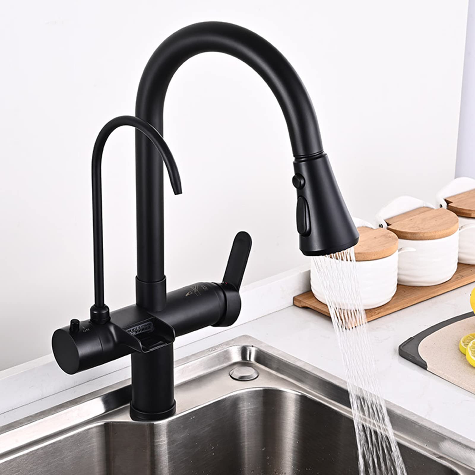 3-Way Kitchen Faucet with Straight Drinking Water Spout - Hot & Cold Brass Swivel Sink Faucet - Multifunctional Black Kitchen Faucet for Modern Homes, Restaurants & RVs